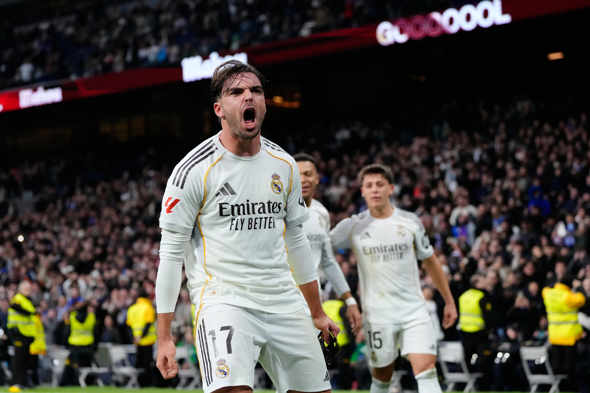 Real Madrid's Raul Asencio celebrates after scoring.
