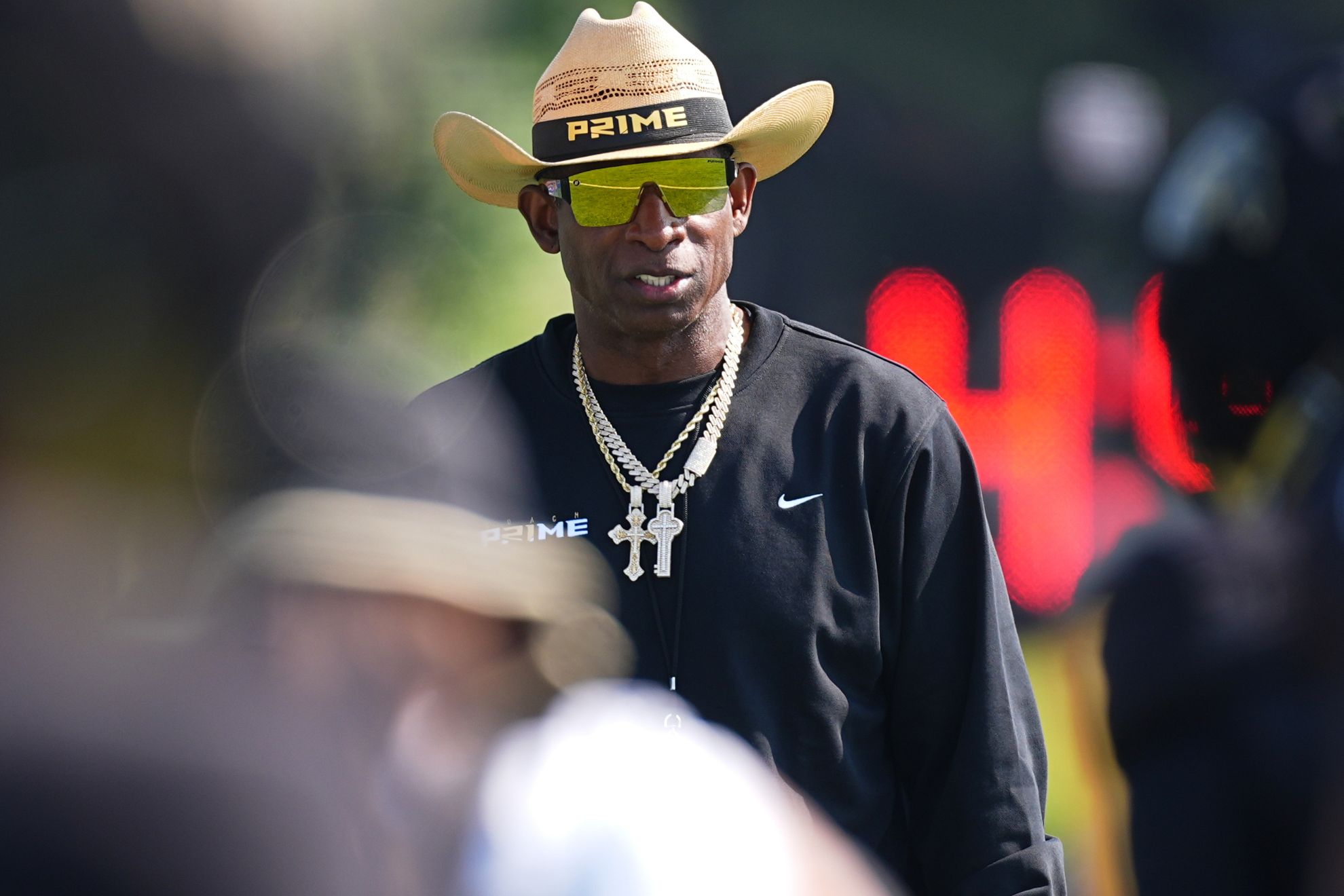Colorado head coach Deion Sanders looks on during a practice at an NCAA college football training camp in Fountain, Colo., Thursday, Aug. 6, 2026. (AP Photo/David Zalubowski)