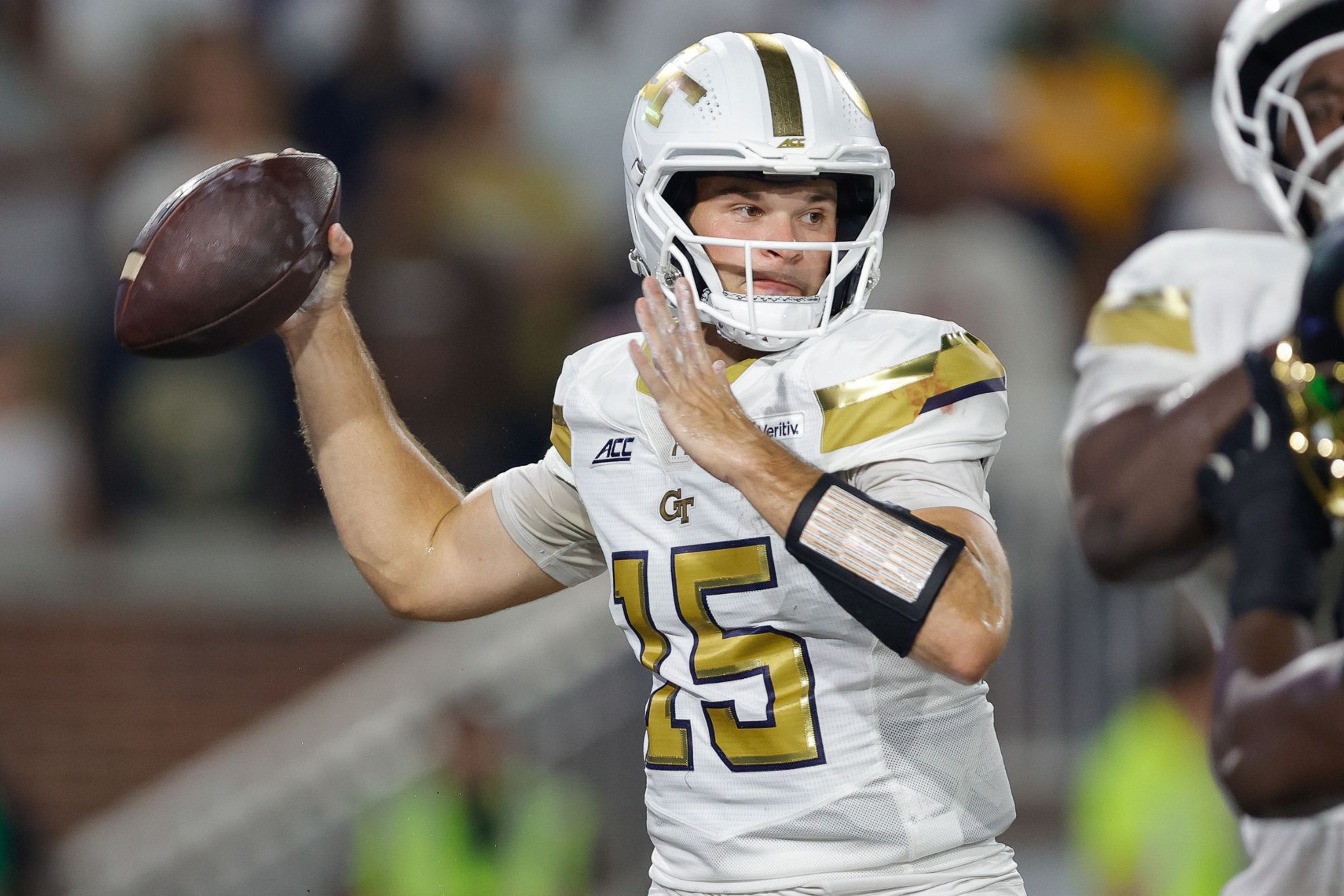 Georgia Tech quarterback Alberto Mendoza (15) passes the ball during an NCAA college football game against Colorado in Atlanta, Thursday, Sept. 3, 2026. (AP Photo/Stew Milne)
