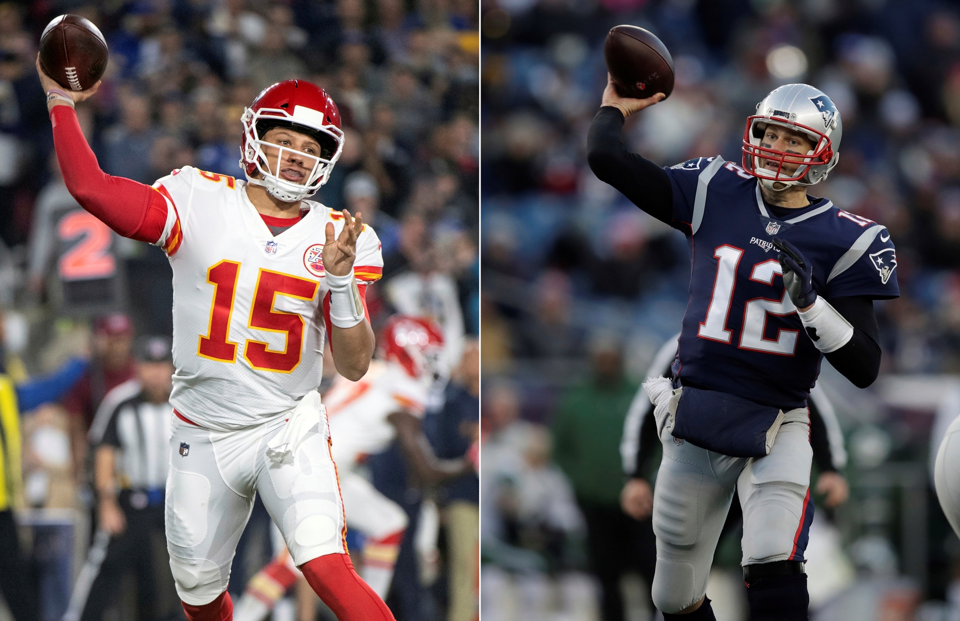 On the left, Kansas City Chiefs quarterback Patrick Mahomes throws a pass. On the right, New England Patriots quarterback Tom Brady throws a pass