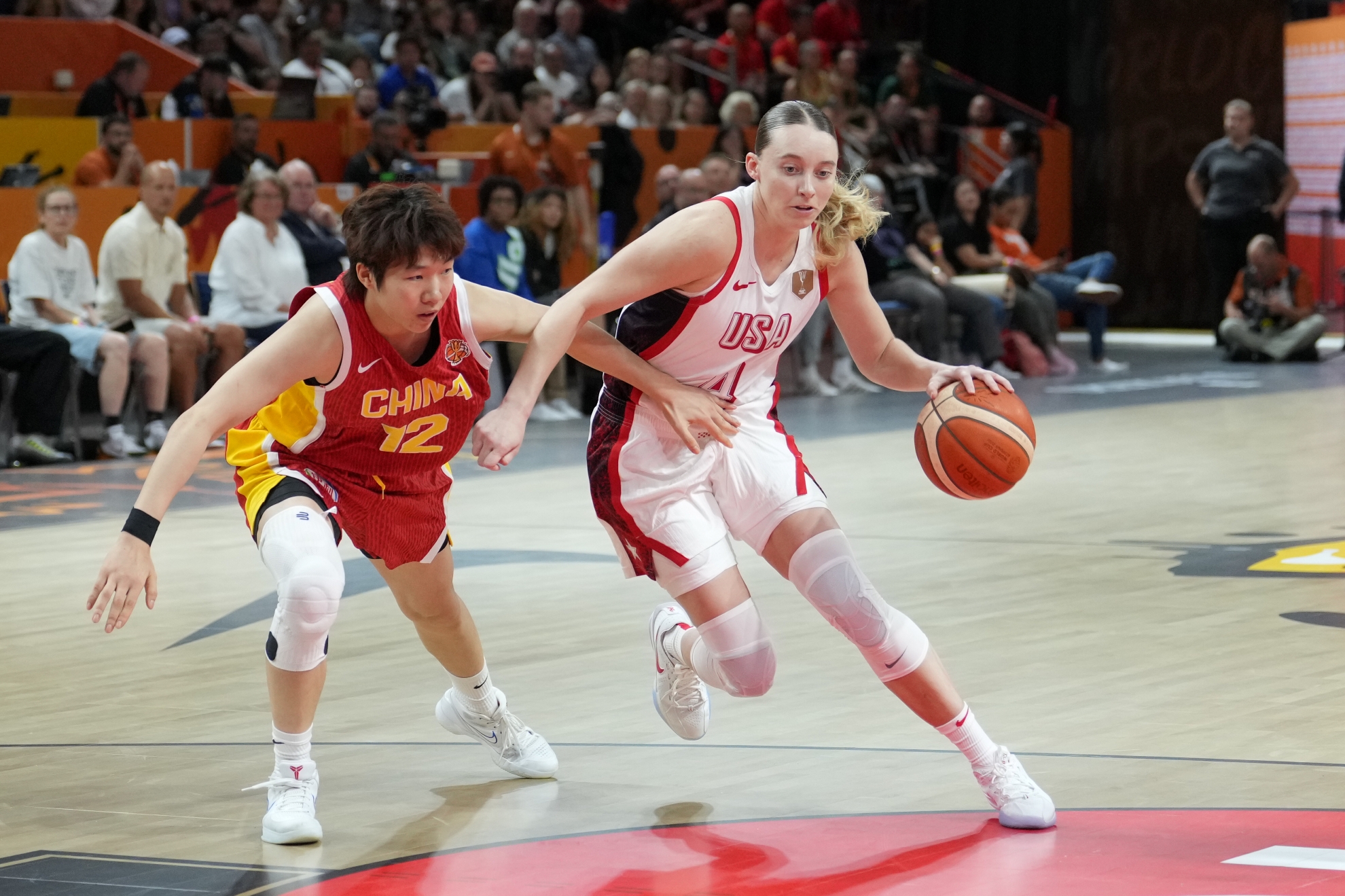 China's Chen Yujie guards United States' Paige Bueckers during the Women's Basketball World Cup