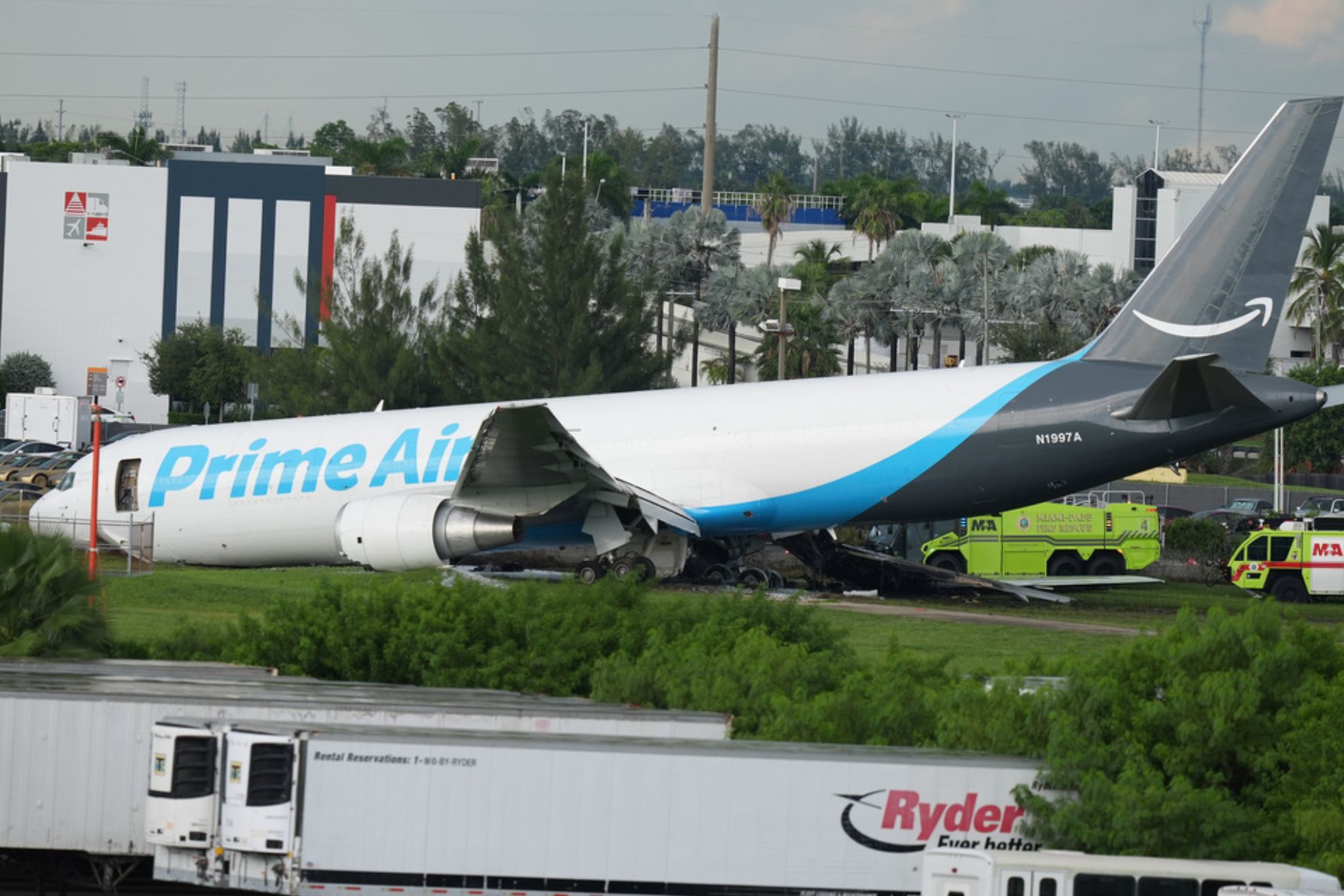 An Amazon cargo plane sits at the Miami International Airport (MIA)
