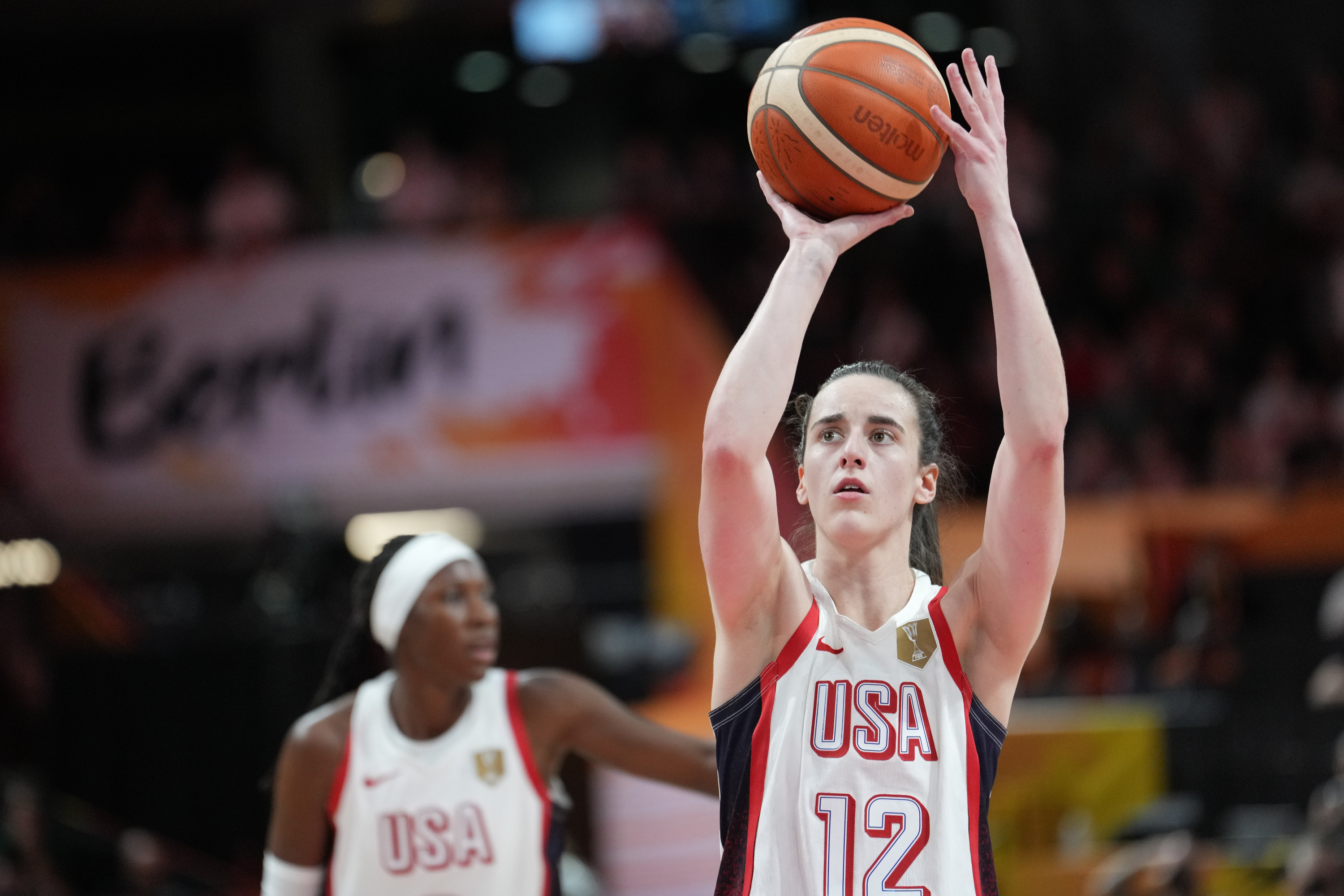 United States' Caitlin Clark shoots a free throw during the Women's Basketball World Cup match between China and the United States in Berlin, Friday, Sept. 4, 2026. (AP Photo/Ebrahim Noroozi) Ebrahim Noroozi