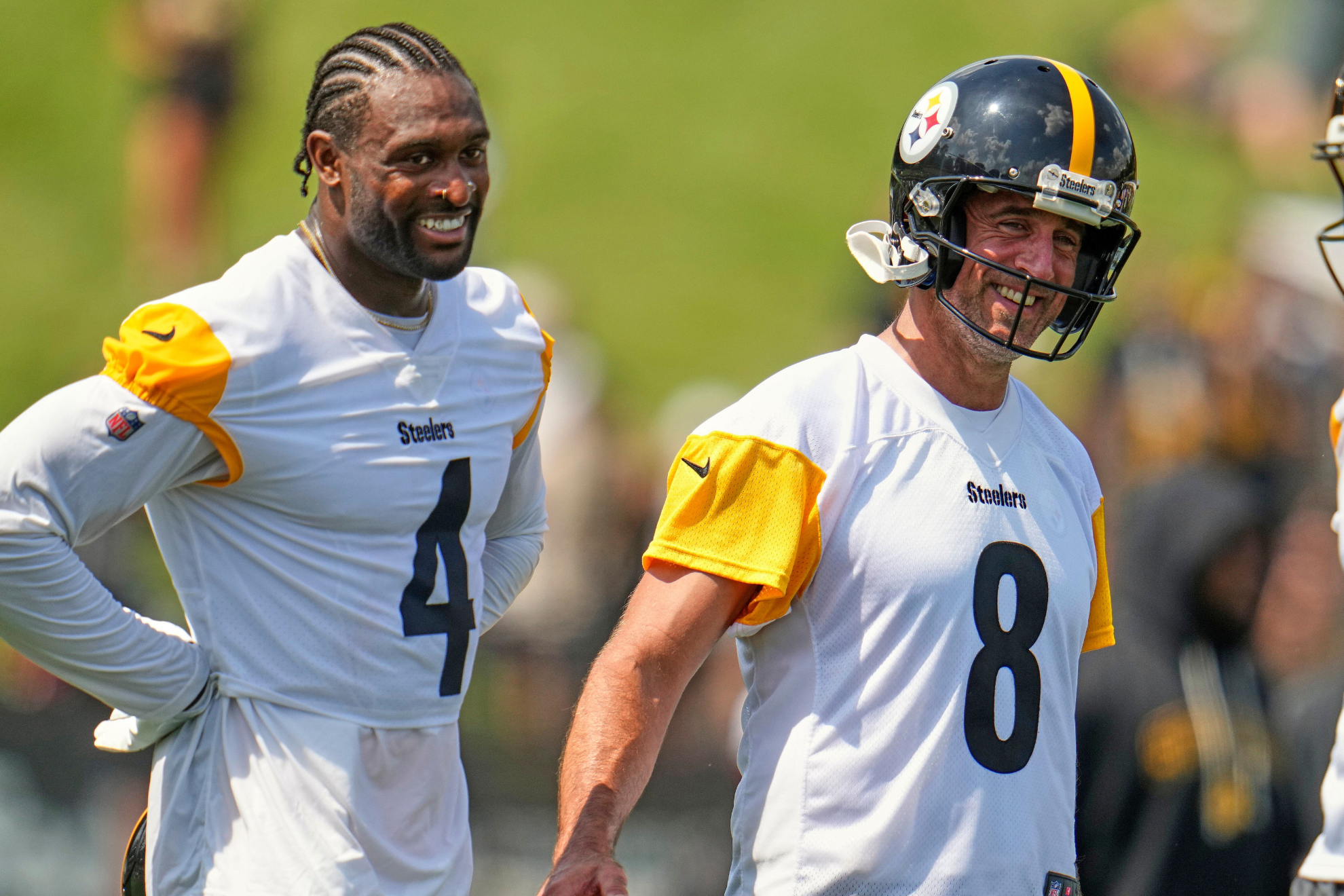 DK Metcalf and Aaron Rodgers together during a Pittsburgh Steelers practice.