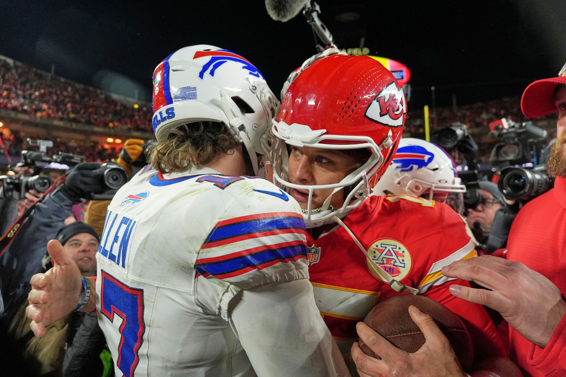 Buffalo Bills quarterback Josh Allen, left, and Kansas City Chiefs quarterback Patrick Mahomes