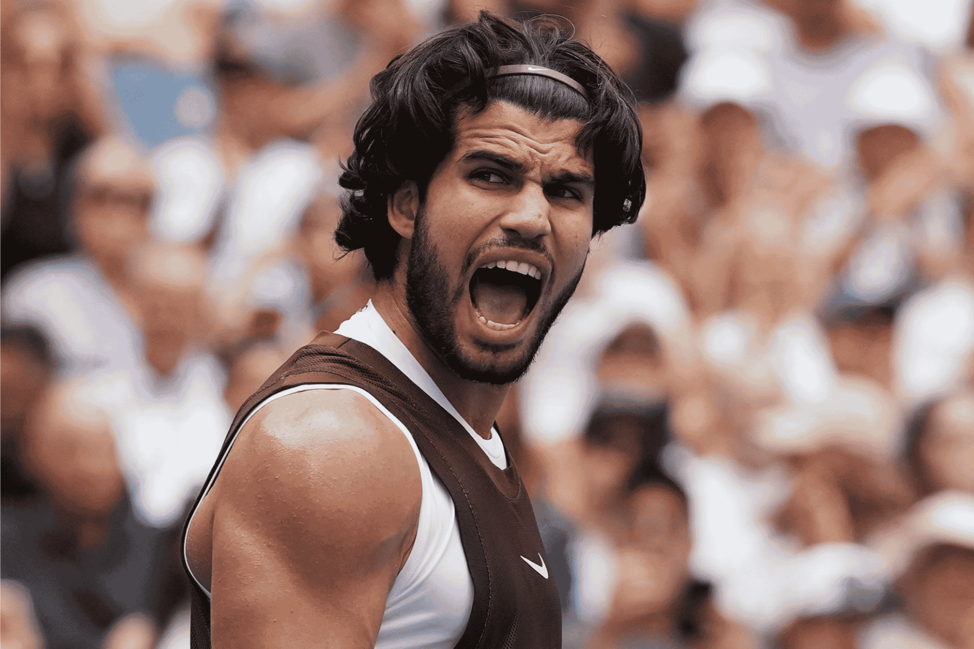 Carlos Alcaraz, of Spain, reacts during the third round of the U.S. Open tennis championships
