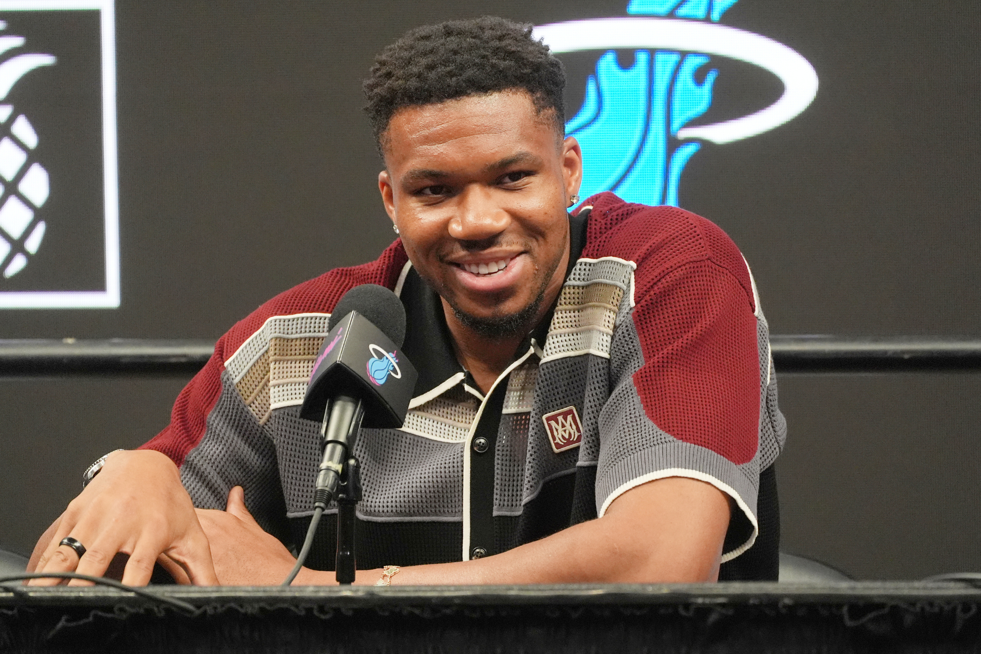Giannis Antetokounmpo during his introductory press conference with the Miami Heat. LAPRESSE