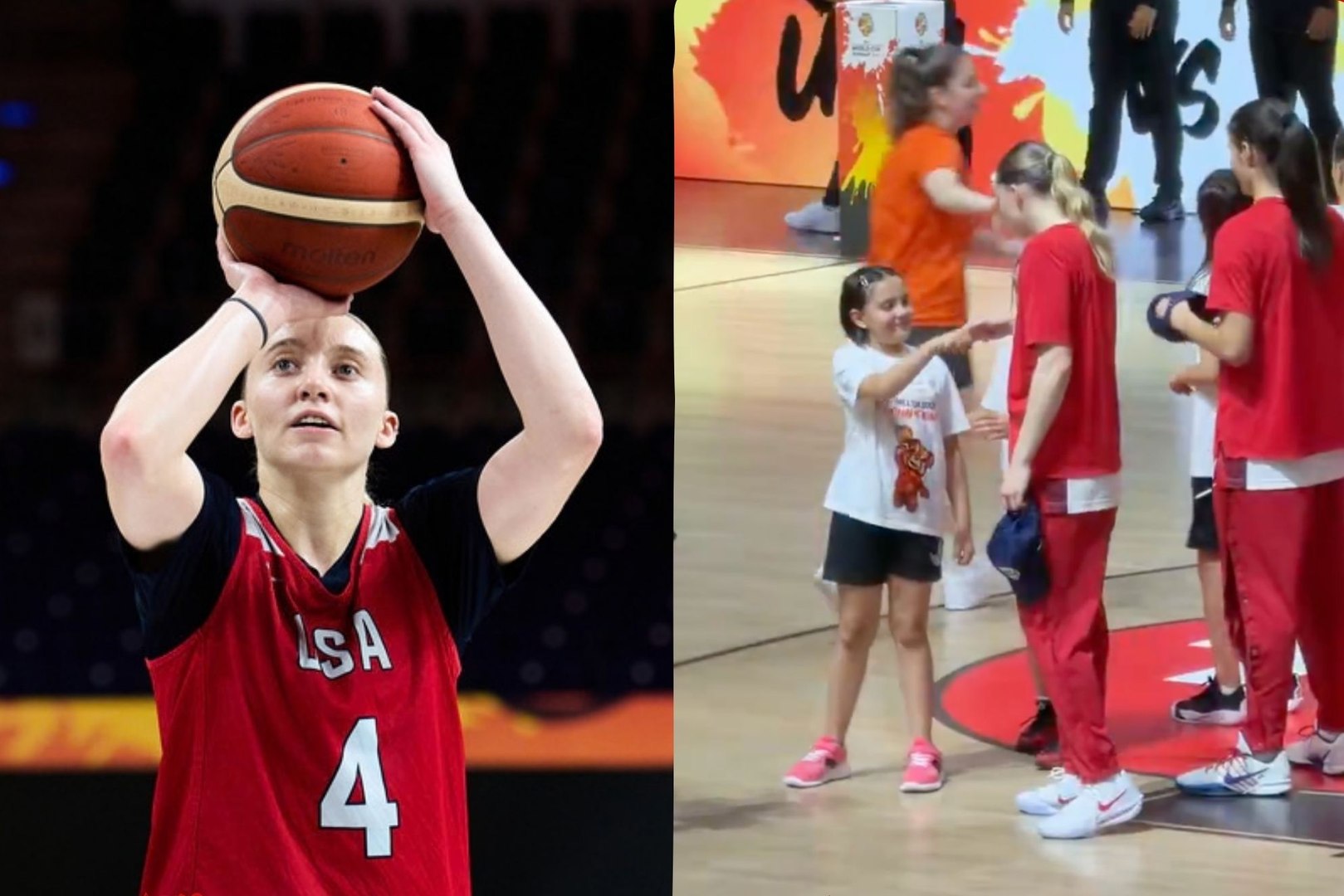 Paige Bueckers created a special moment with a young fan at the World Cup by improvising a handshake as they walked onto the court together. The girl matched Bueckers move for move before the pair finished their new routine with a dab.