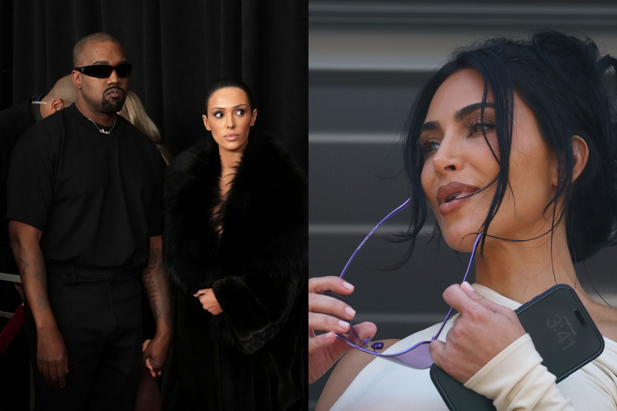 Kanye and Censori arrive at the 67th annual Grammy Awards / Kim Kardashian attends during the Formula One Monaco Grand Prix race