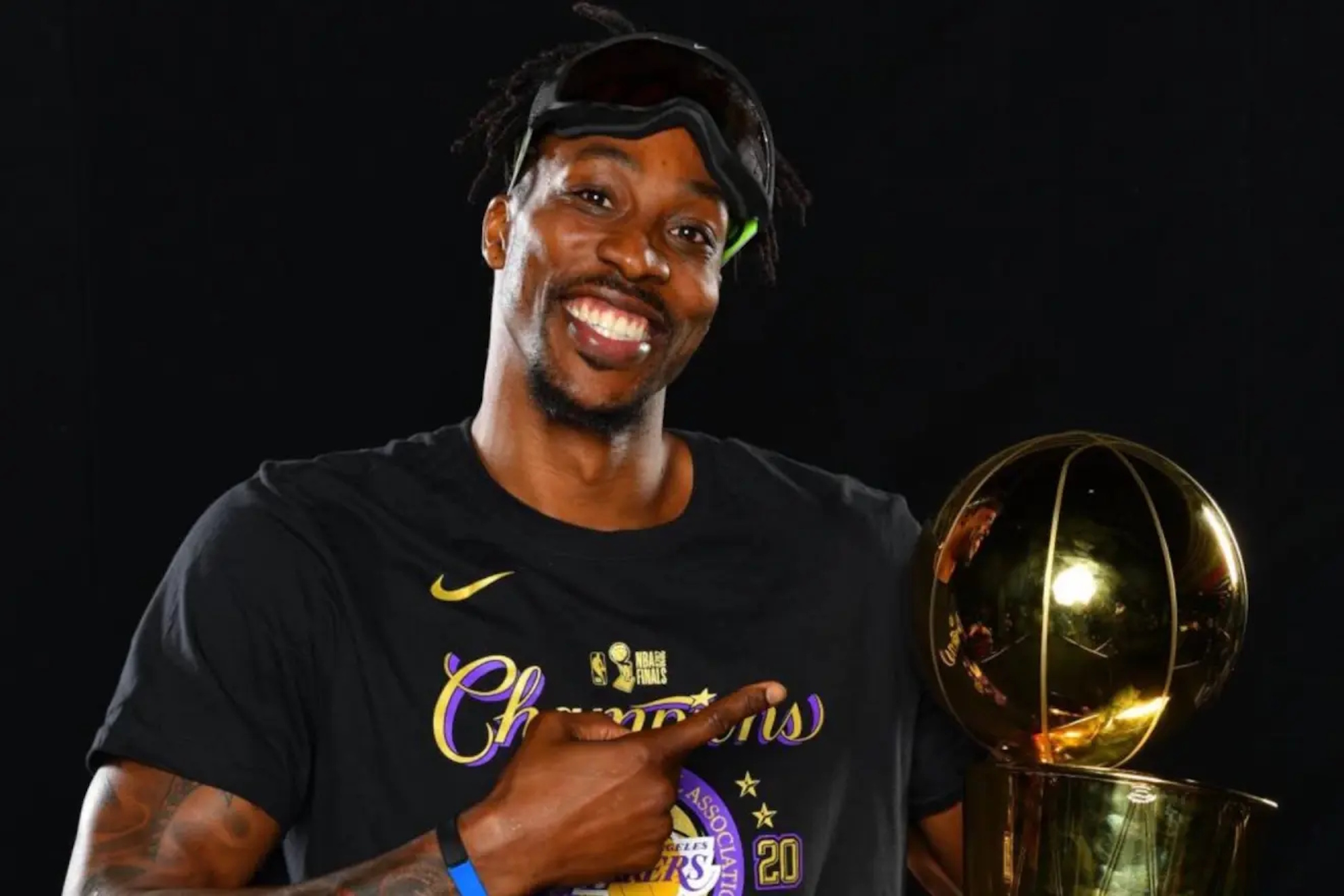 Dwight Howard with the 2020 NBA Championship trophy.