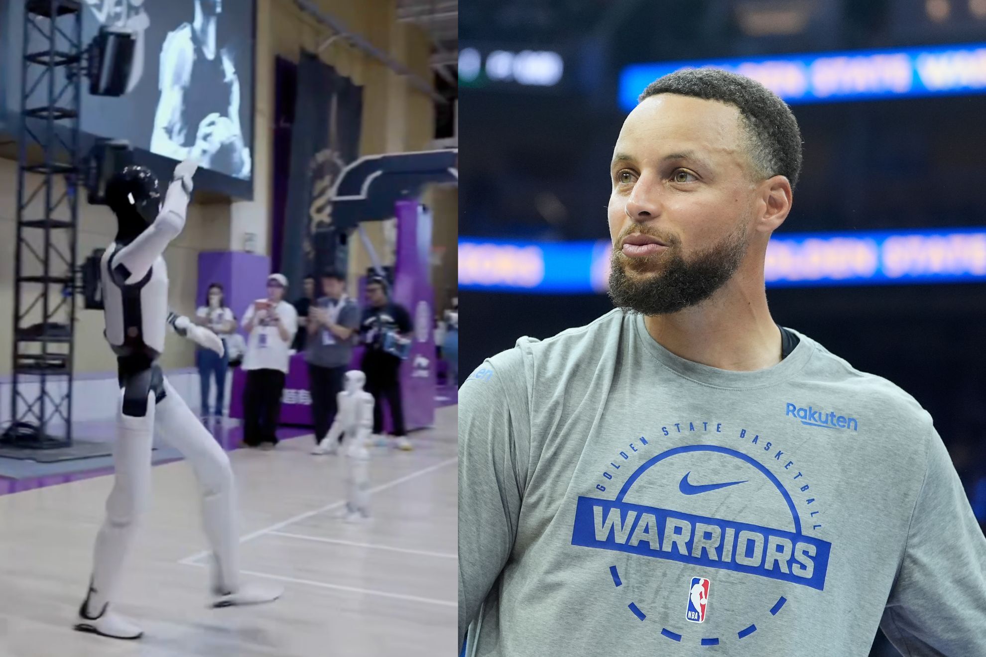 Stephen Curry watches a basketball-playing robot shoot during his visit to Tsinghua High School in Beijing