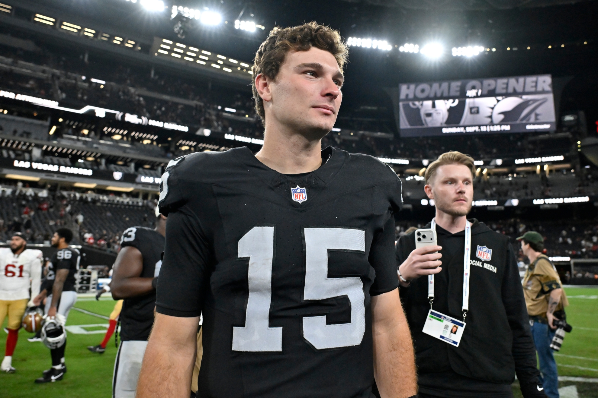 Las Vegas Raiders quarterback Fernando Mendoza (15) walks on the field after an NFL preseason football game against the San Francisco 49ers