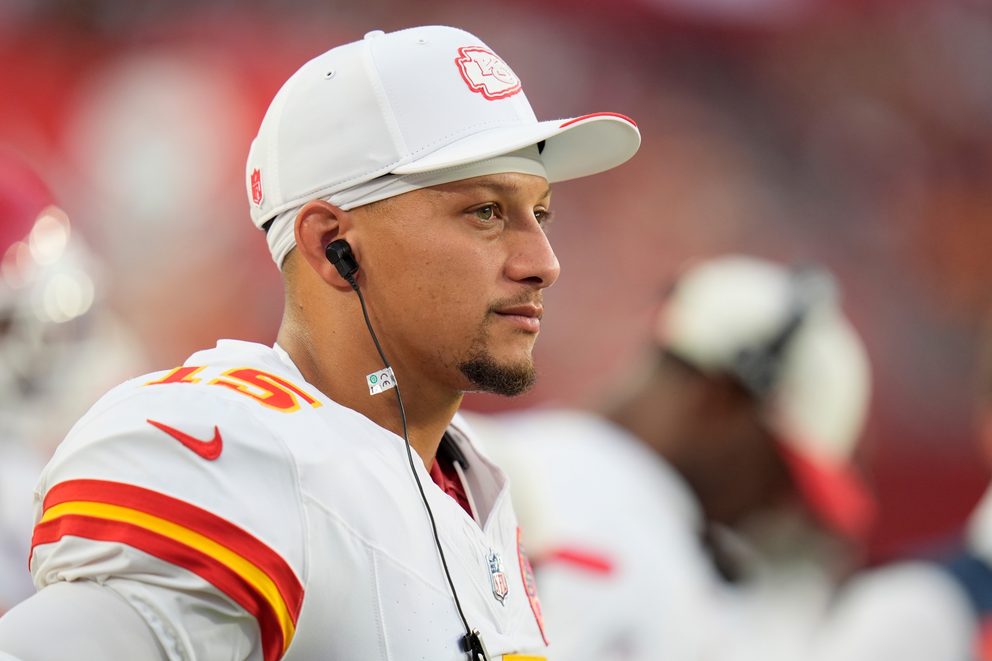 Kansas City Chiefs quarterback Patrick Mahomes (15) walks the sidelines