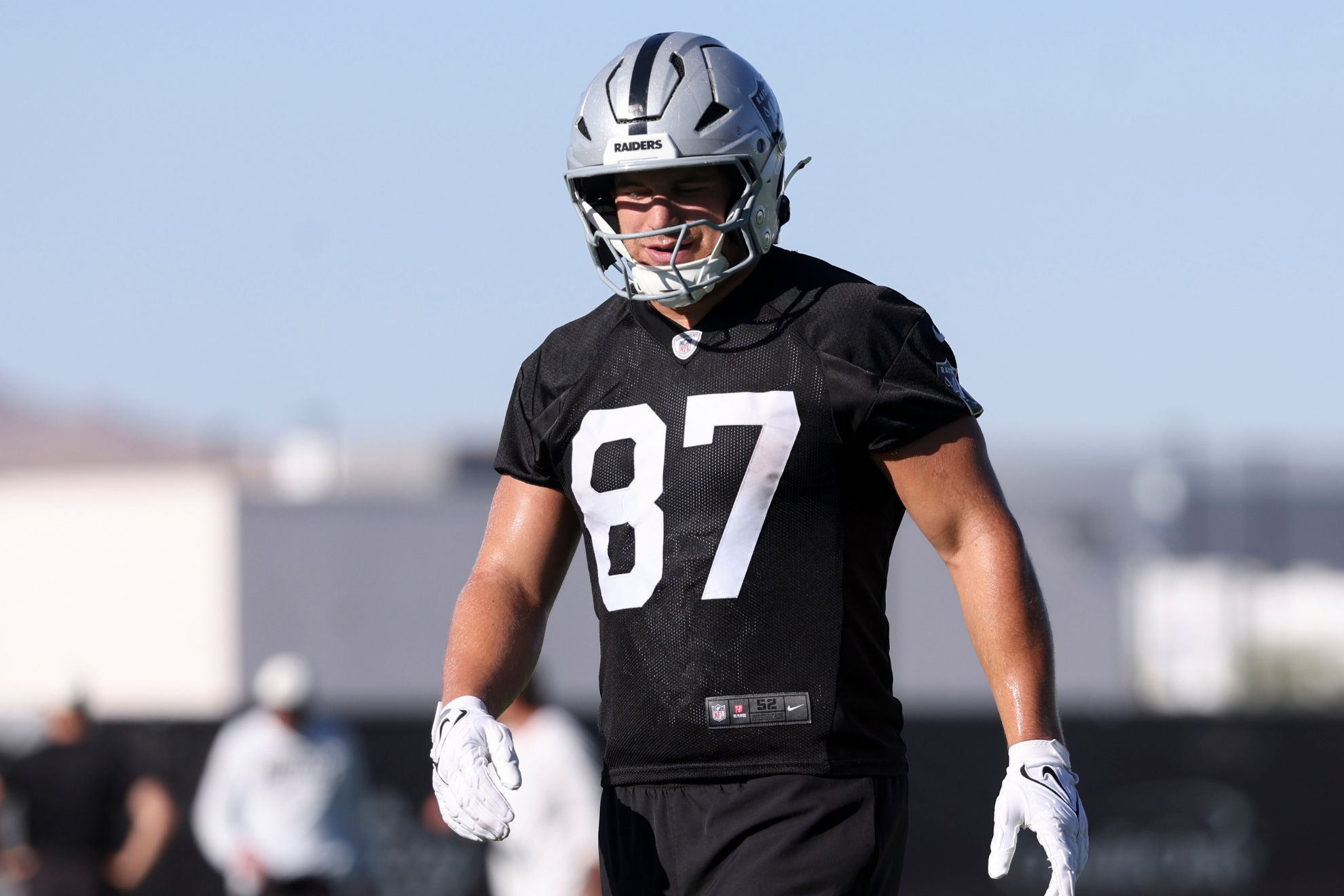 Las Vegas Raiders tight end Michael Mayer (87) looks on during practice at the team's NFL football training camp, Thursday, July 30, 2026, in Henderson, Nev. AP