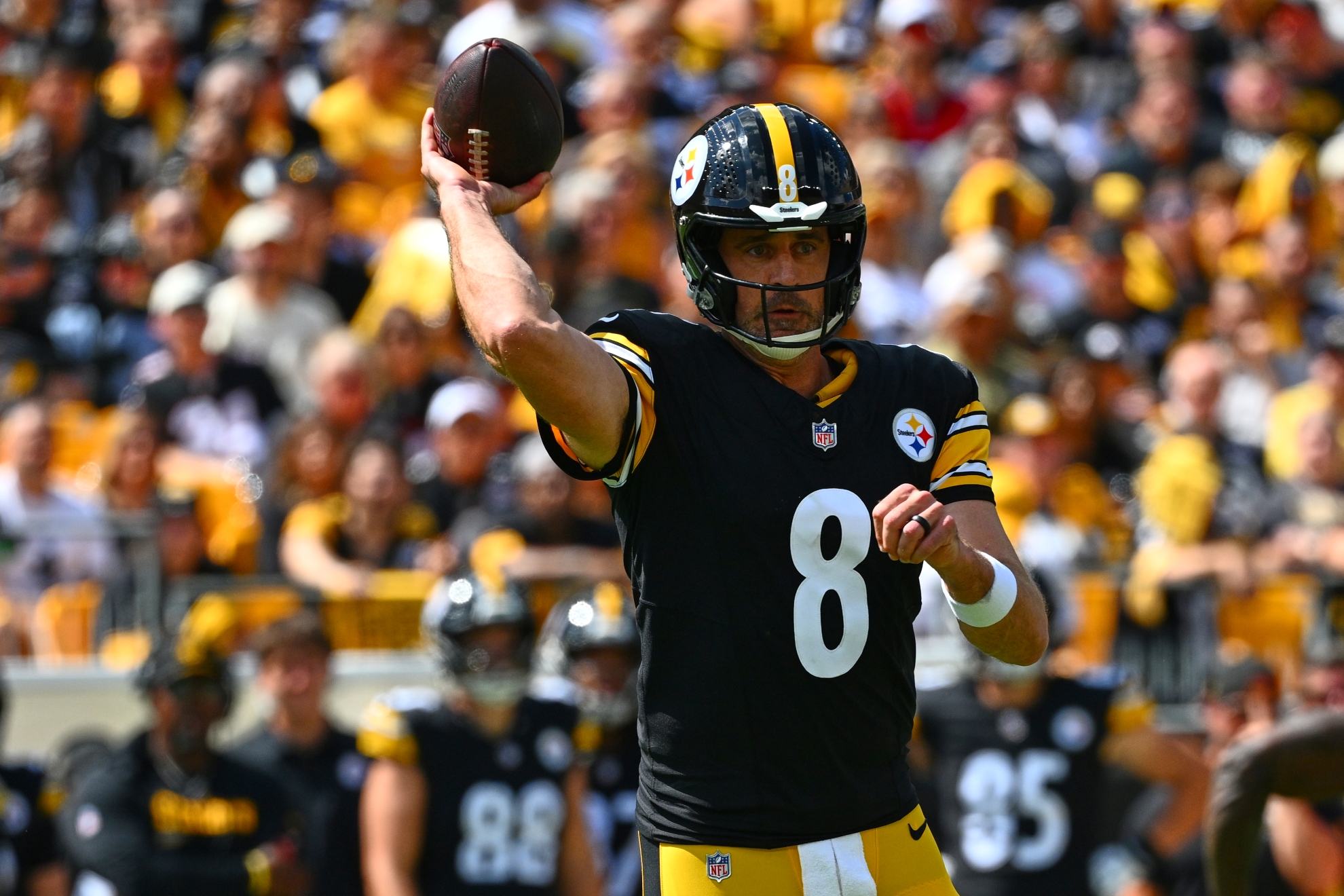 Pittsburgh Steelers quarterback Aaron Rodgers (8) passes the ball during an NFL football game against the Atlanta Falcons