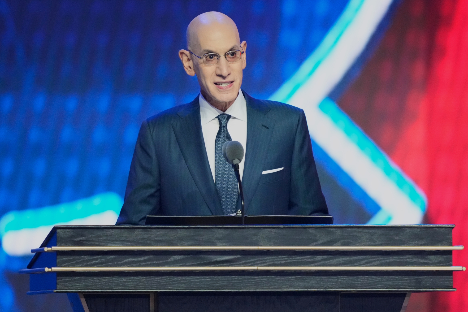 NBA Commissioner Adam Silver speaks during the first round of the NBA basketball draft
