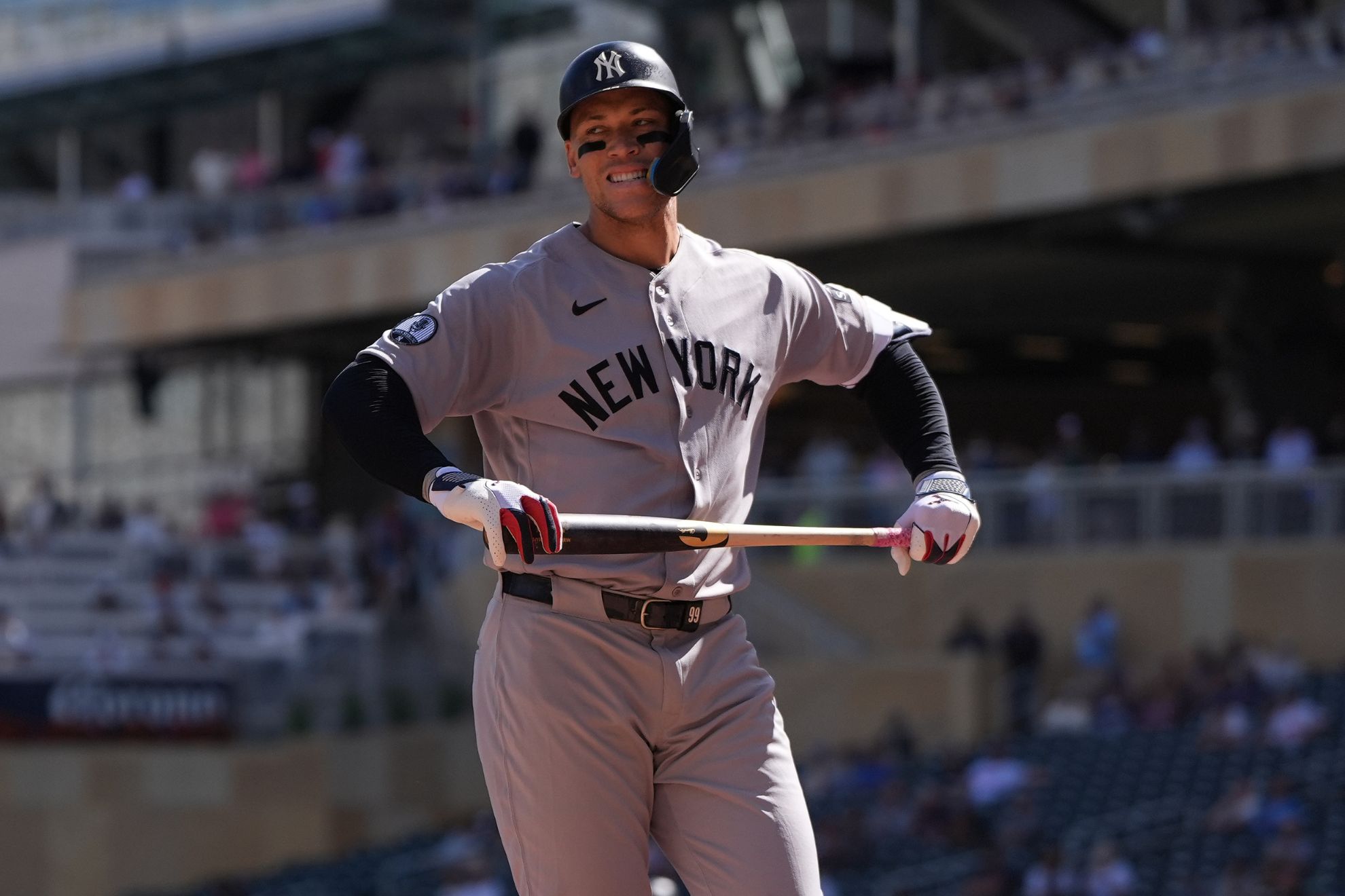 New York Yankees' Aaron Judge reacts after striking out