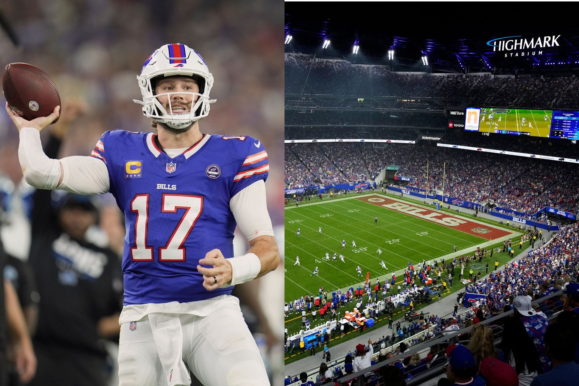 Buffalo Bills quarterback Josh Allen throws a pass / The new Highmark Stadium looks spectacular
