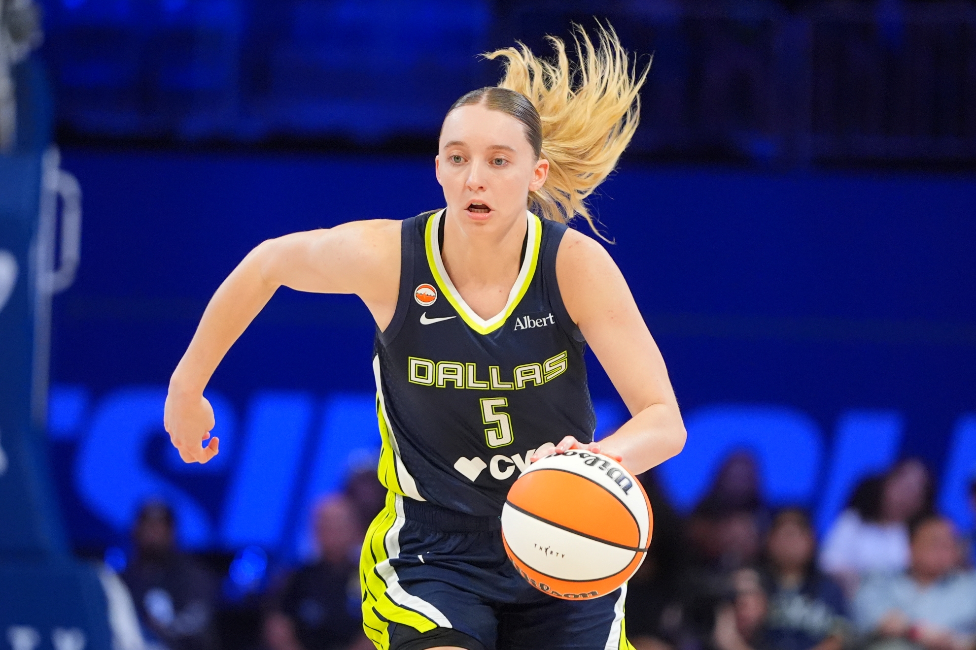 Dallas Wings guard Paige Bueckers dribbles during the second half of a WNBA basketball game against the Los Angeles Sparks