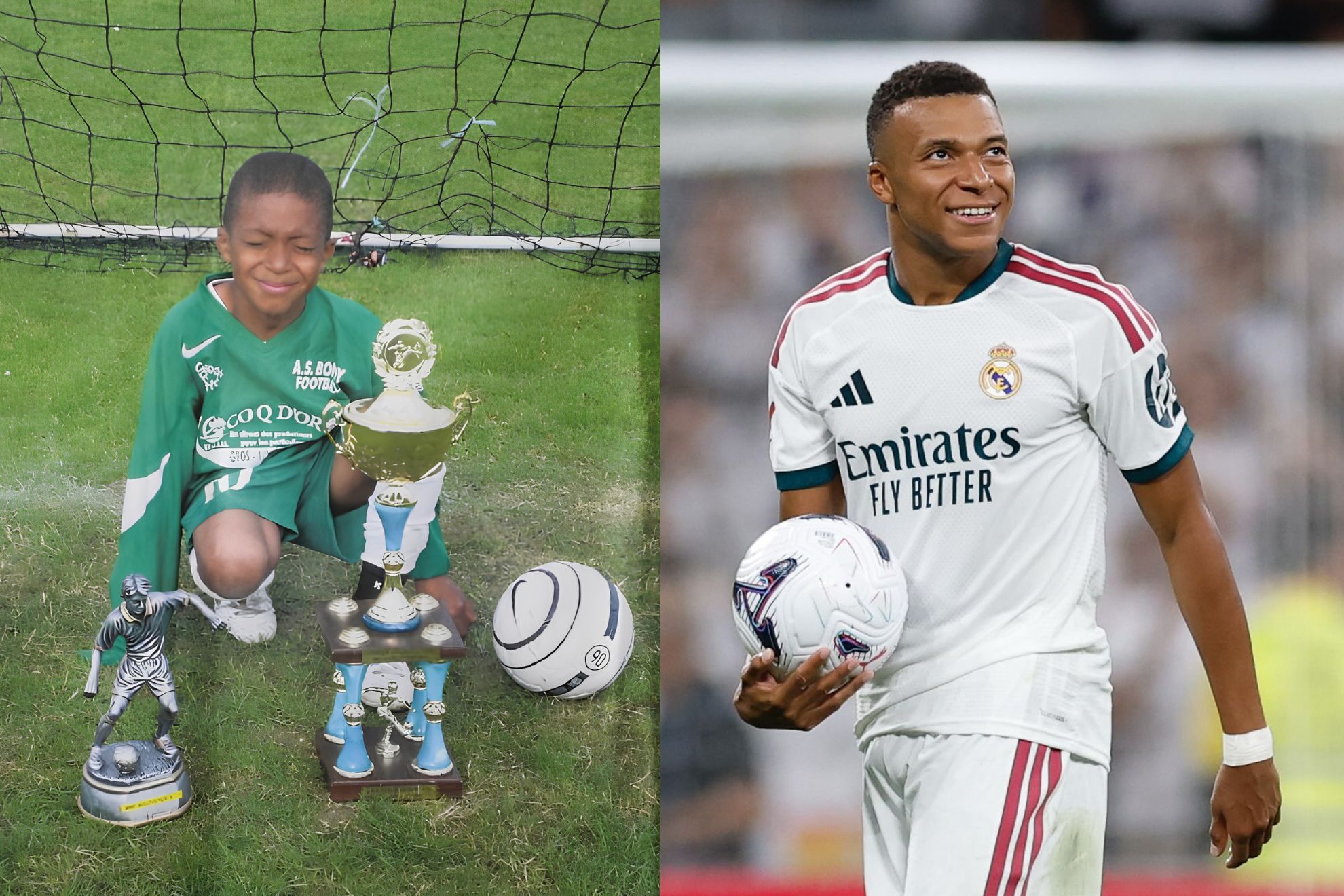 A young Kylian Mbappé kneels on the grass with his trophies while playing for AS Bondy / Kylian Mbappé walks across the field after a match