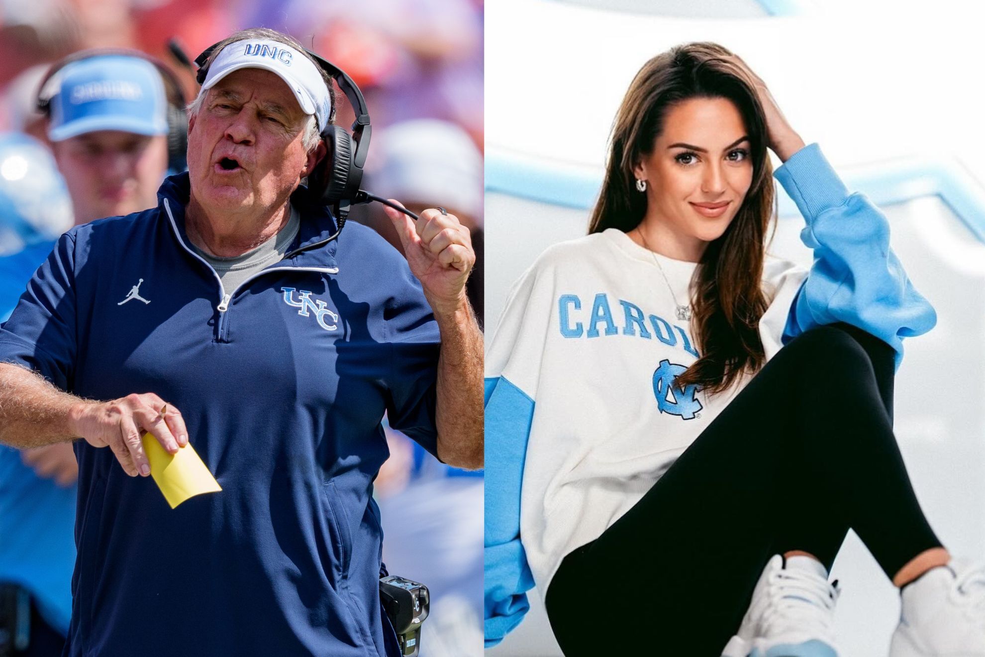Bill Belichick argues a call / Jordon Hudson smiles as she poses for a photo