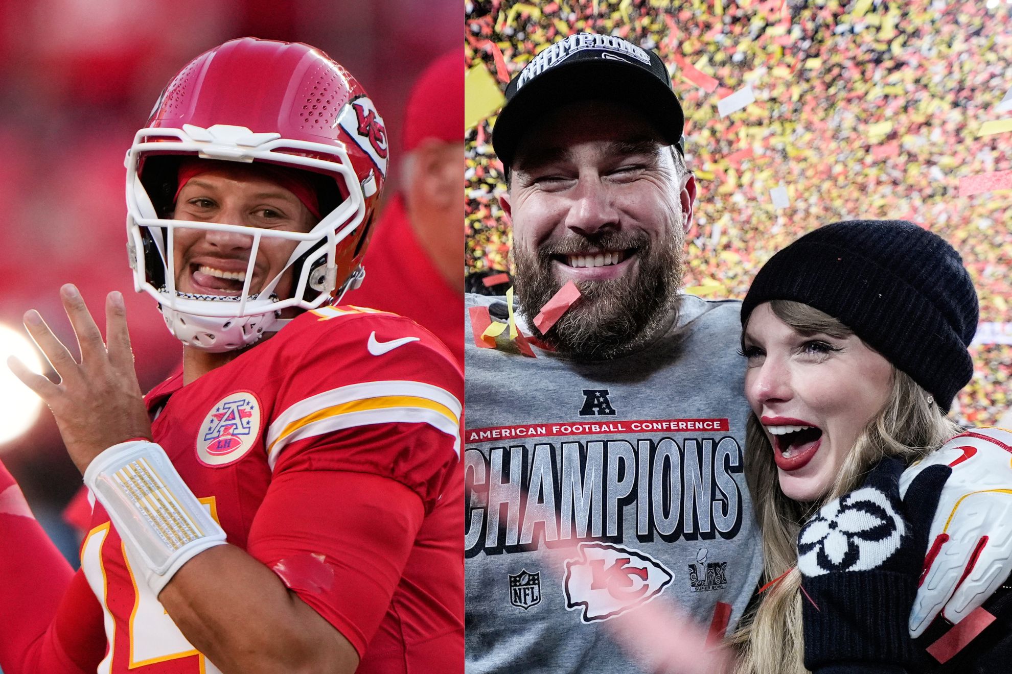 Patrick Mahomes, Travis Kelce and Taylor Swift AP