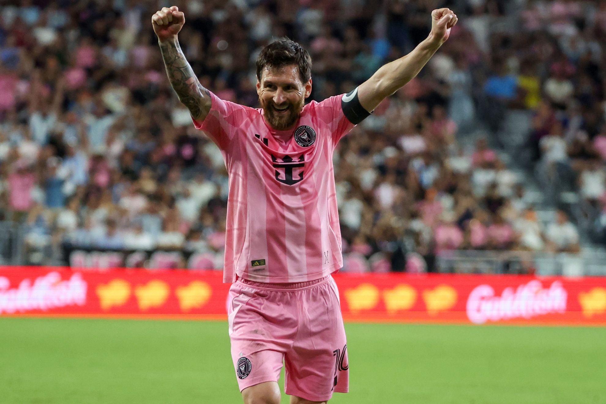 Inter Miami forward Lionel Messi celebrates after scoring on a free kick