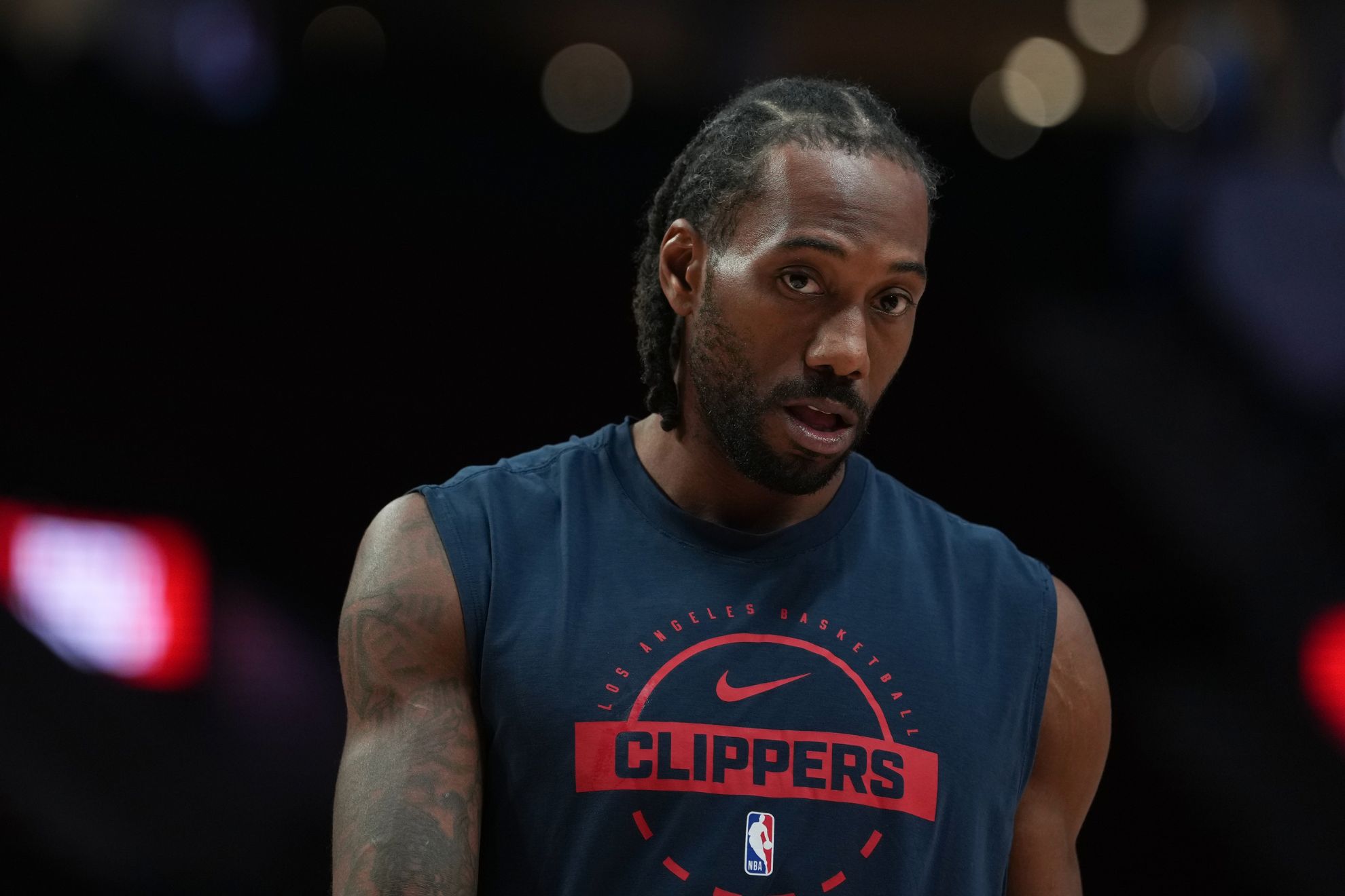 Los Angeles Clippers forward Kawhi Leonard warms up before an NBA basketball game Friday, April 10, 2026, in Portland, Ore. AP