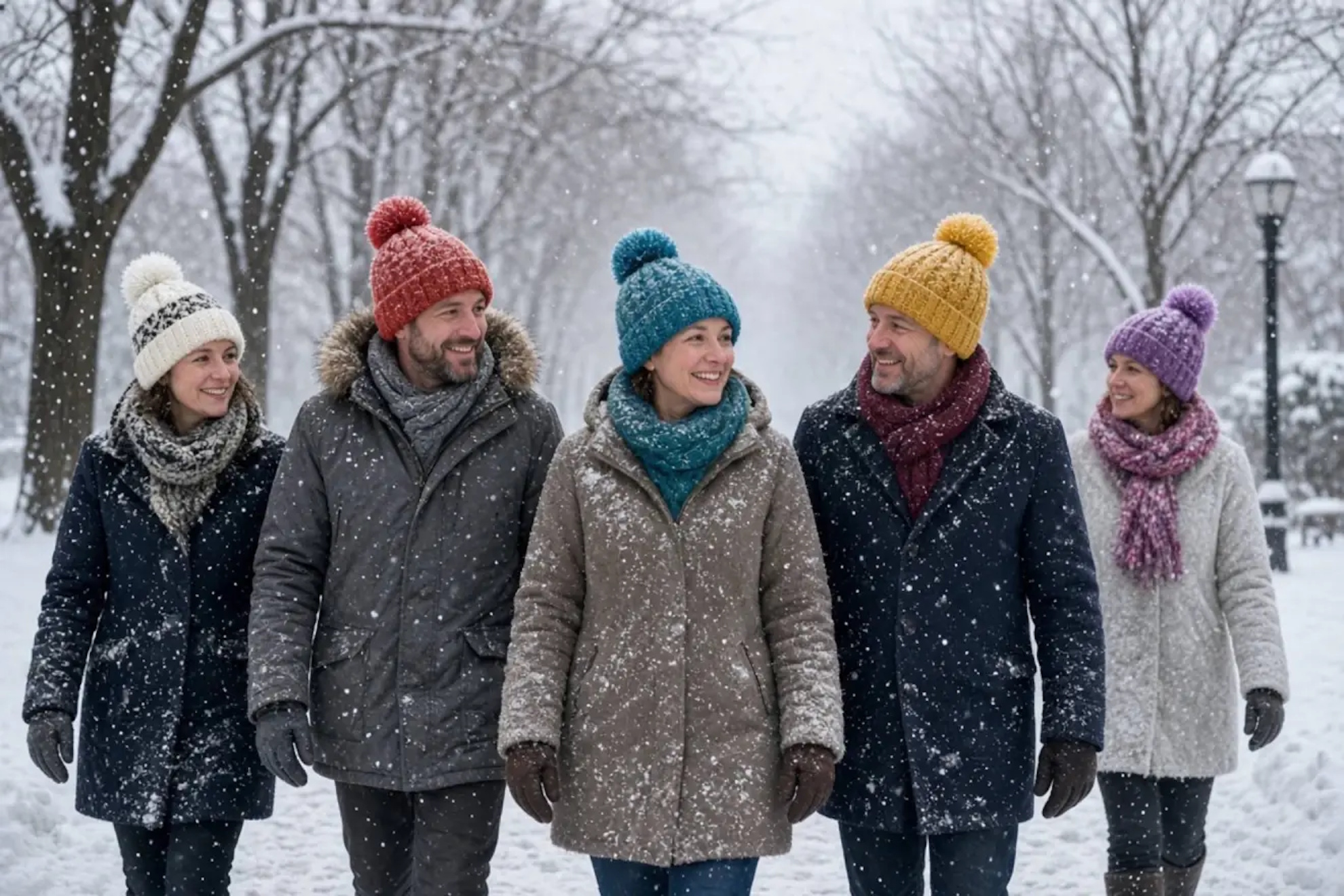 A group of people wearing wool hats. Created with AI
