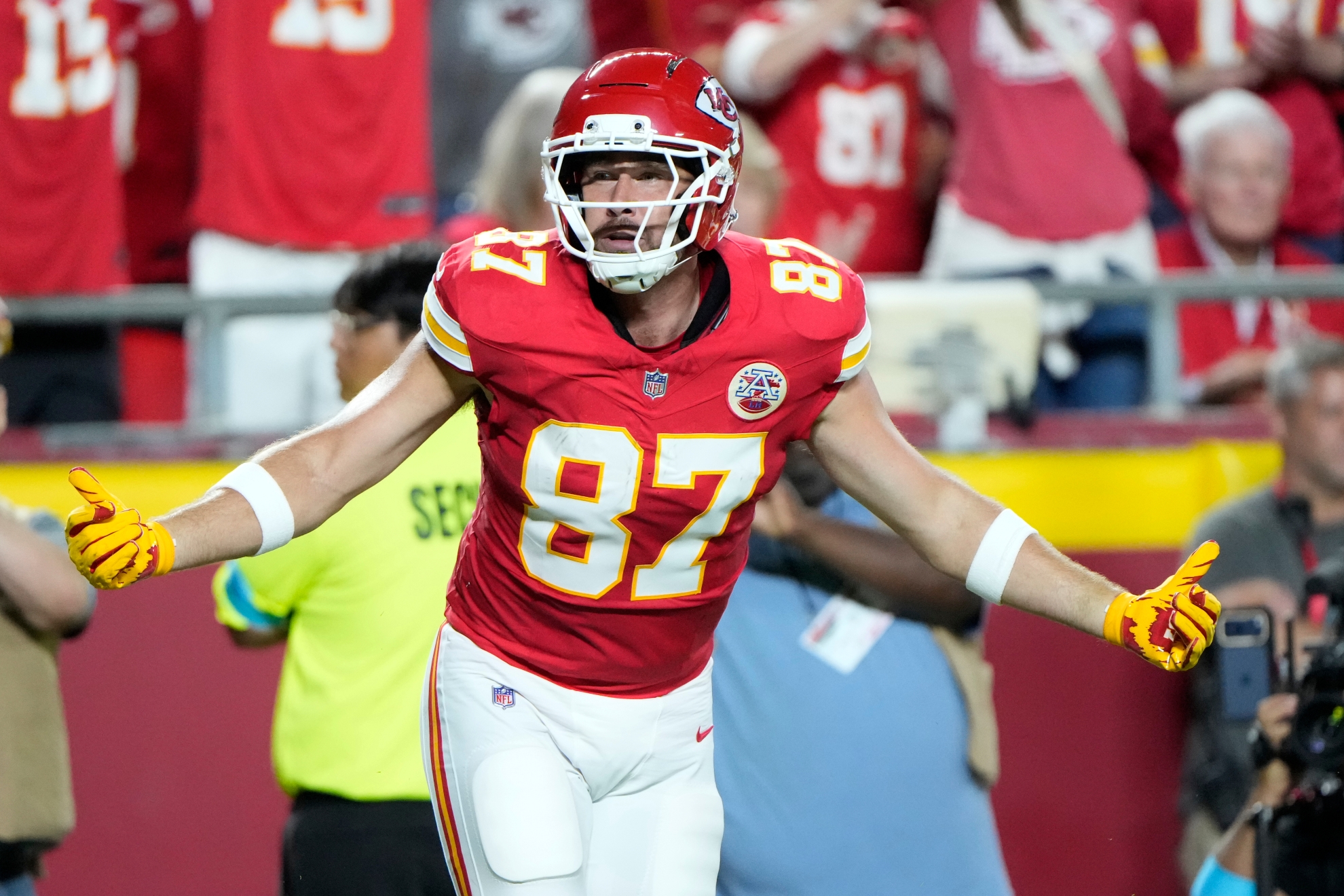 Kansas City Chiefs tight end Travis Kelce celebrates after scoring an NFL game against the Indianapolis Colts