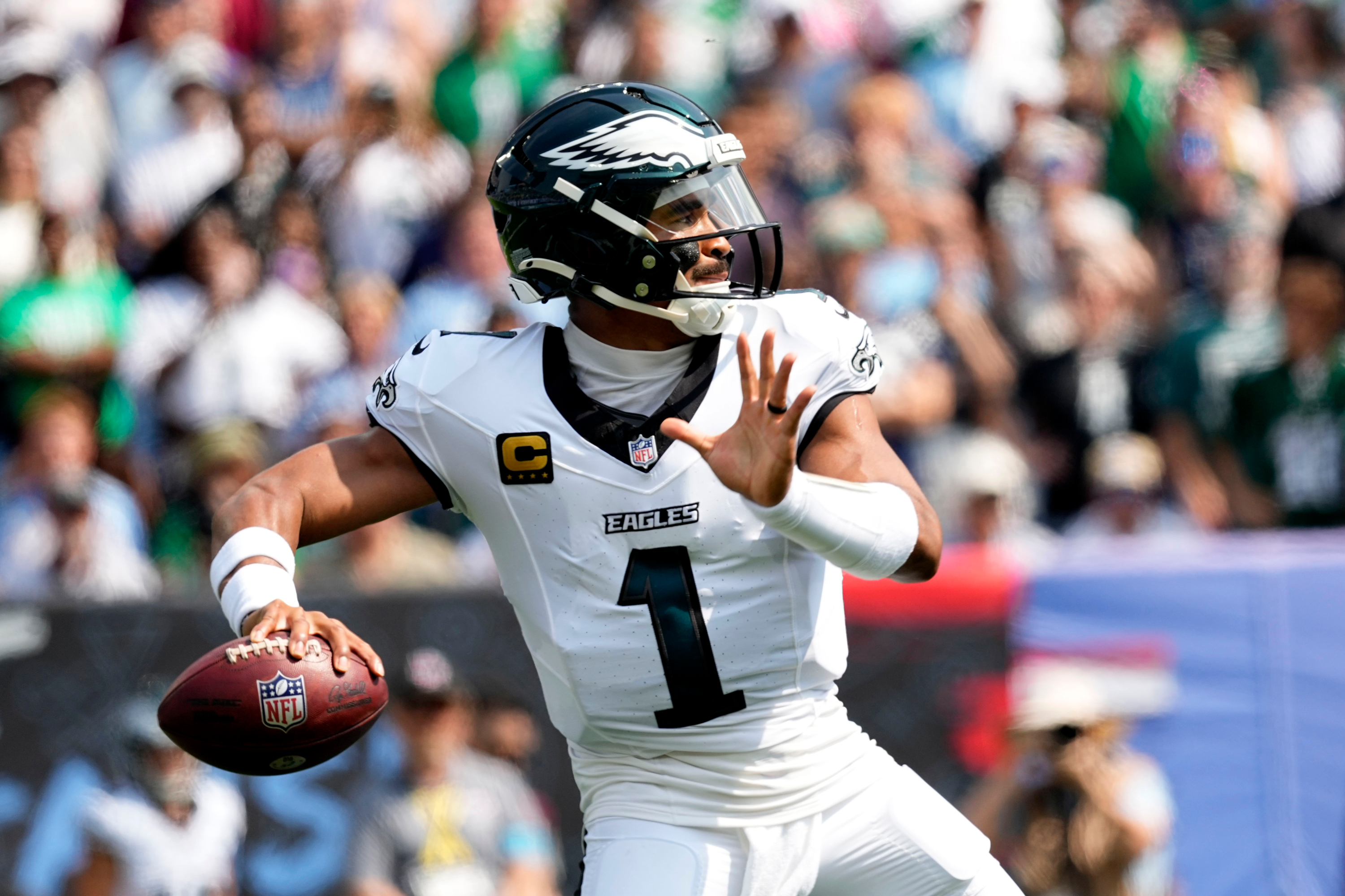Philadelphia Eagles quarterback Jalen Hurts throws a pass during the first half of an NFL football game against the Tennessee Titans, Sunday, Sept. 20, 2026, in Nashville, Tenn.(AP Photo/George Walker IV) George Walker IV