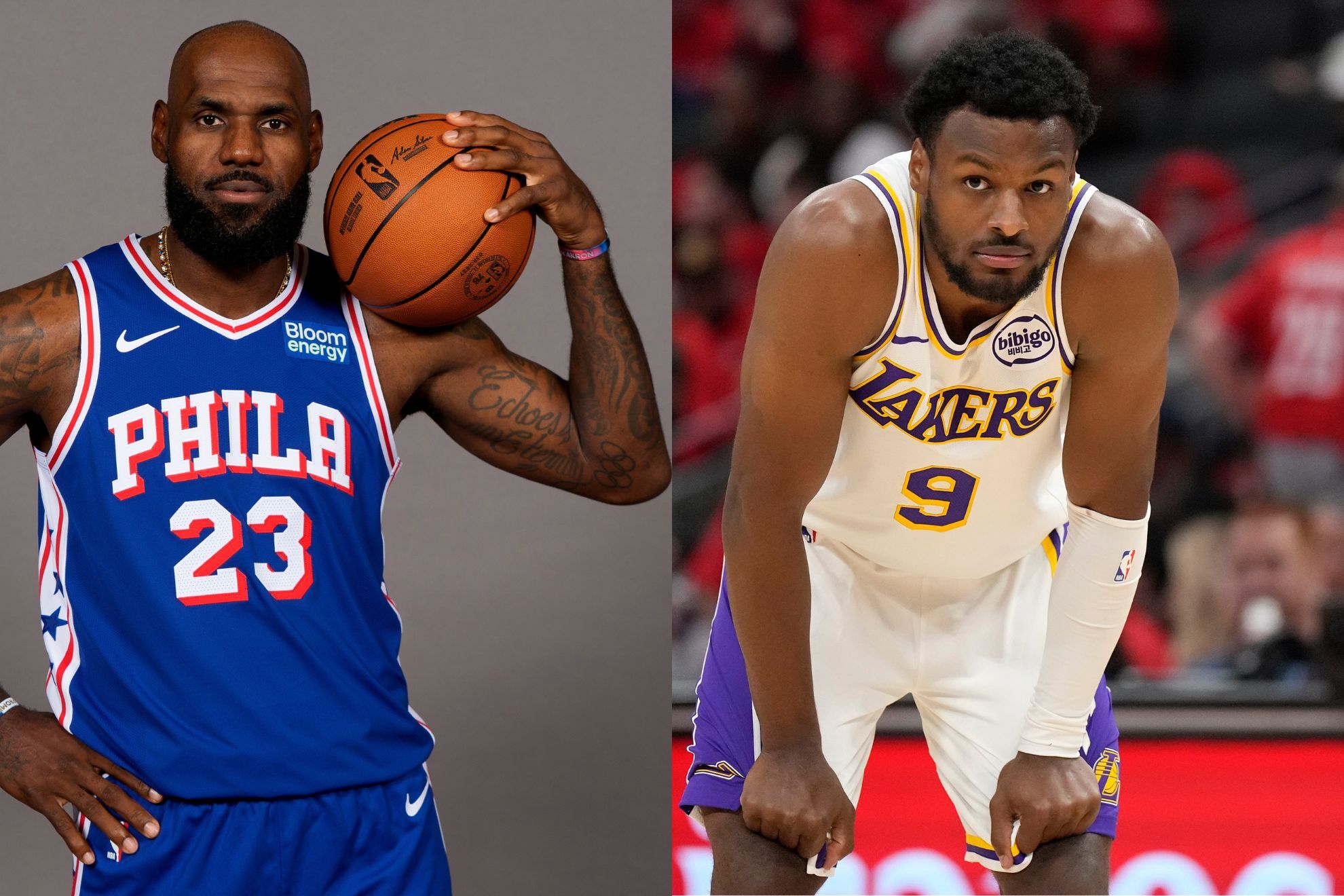 LeBron James wearing his Philadelphia 76ers uniform / Los Angeles Lakers guard Bronny James