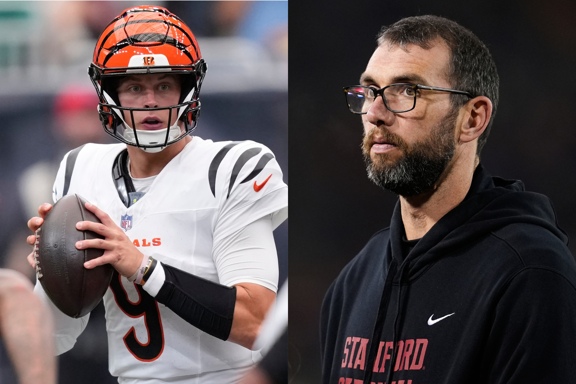 Due to injuries, many have wondered if Joe Burrow (left) could pull an Andrew Luck (right) and retire early from the NFL. LAPRESSE