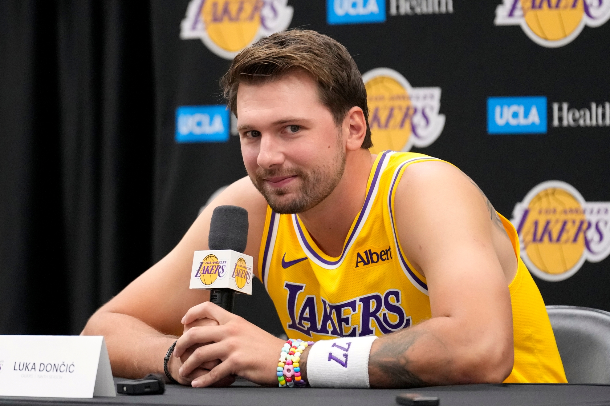 Los Angeles Lakers guard Luka Doncic speaks to the media during media day