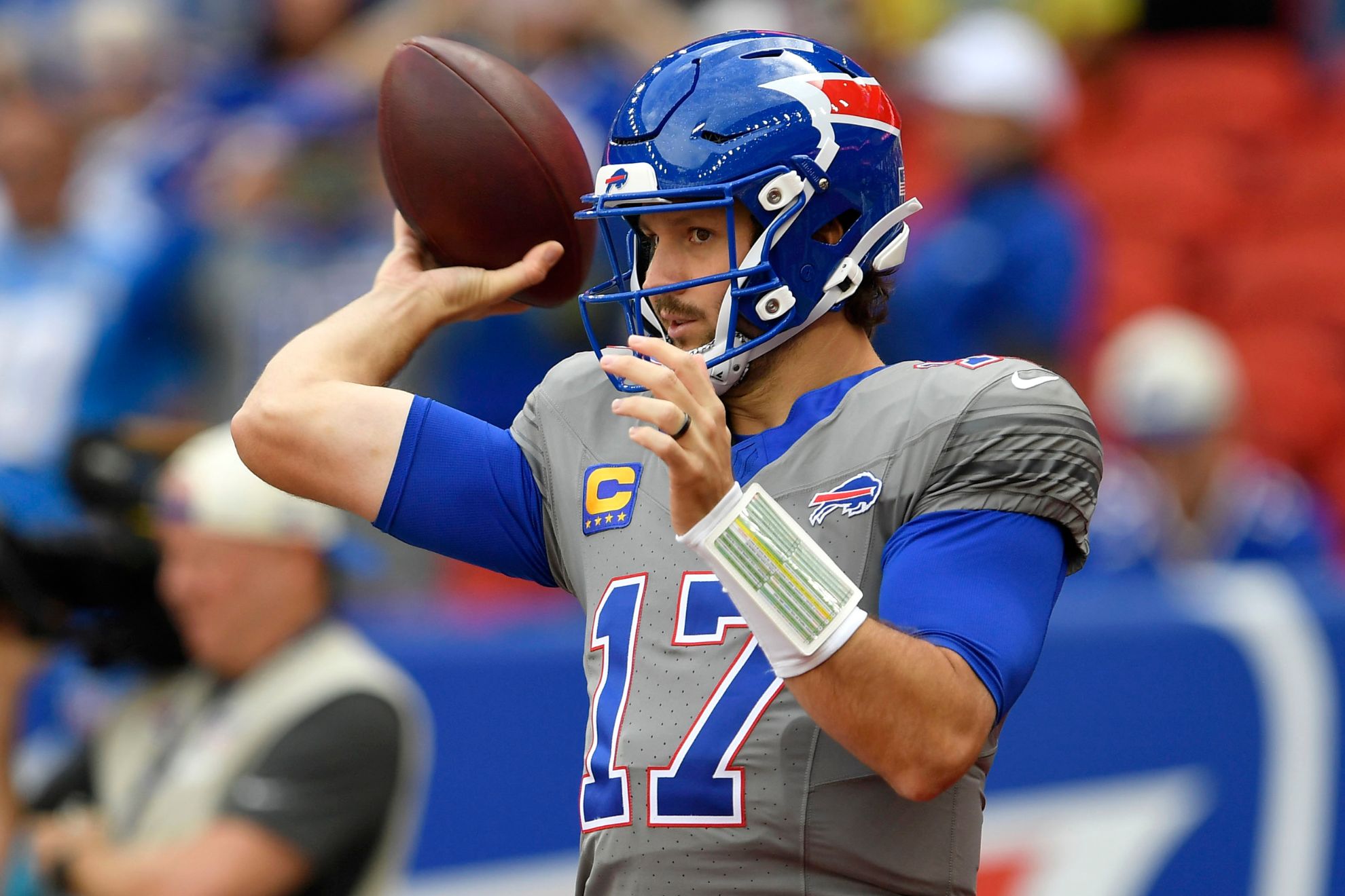 Buffalo Bills quarterback Josh Allen warms up