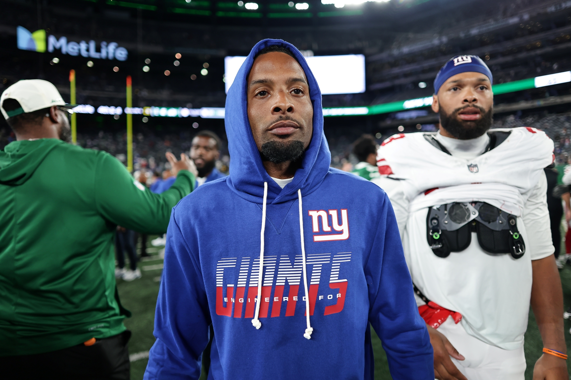 New York Giants wide receiver Odell Beckham Jr. (3) walk on the field after a preseason NFL game