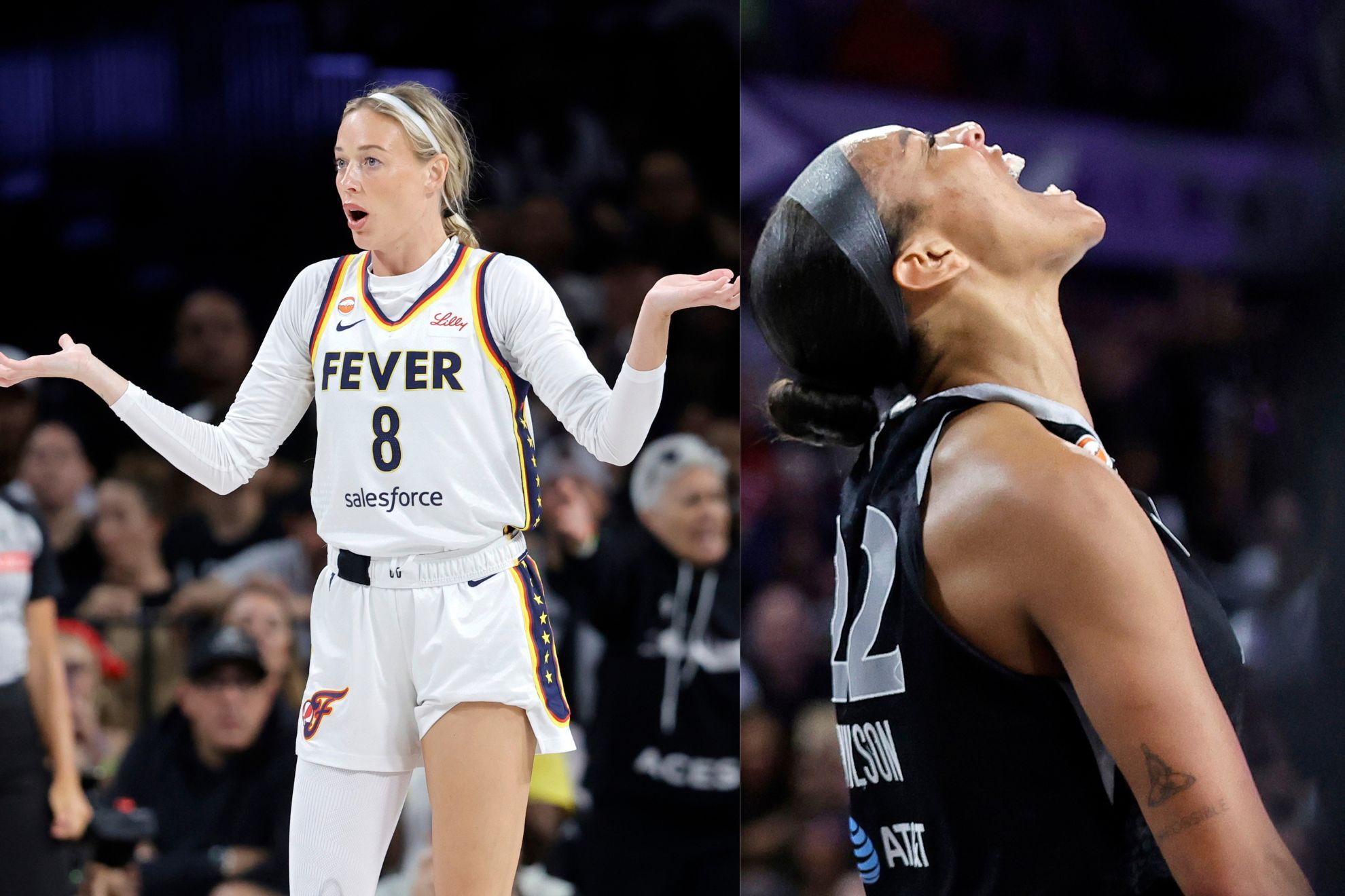 Sophie Cunningham reacts in surprise to the play / A’ja Wilson furious with a Fever fan