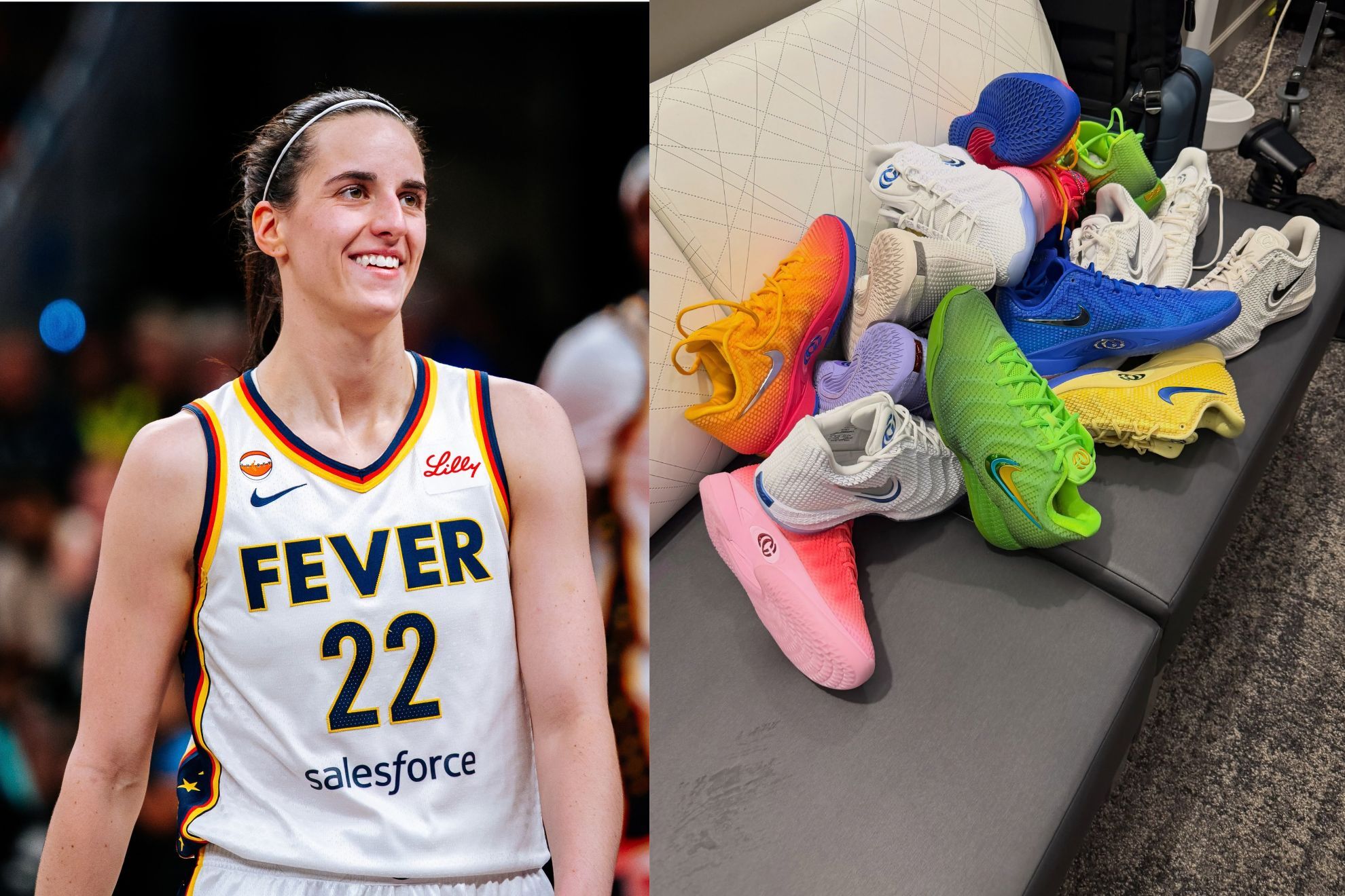 Caitlin Clark looks at her sneakers with a happy expression
