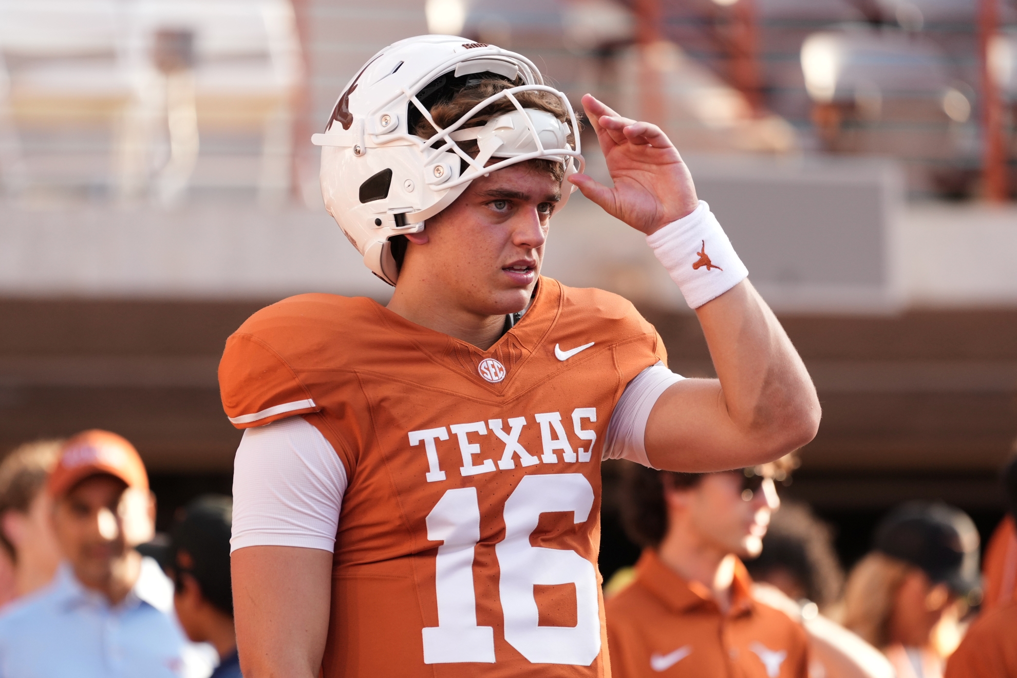 Texas quarterback Arch Manning (16) before an NCAA college football game against Ohio State, in Austin, Texas