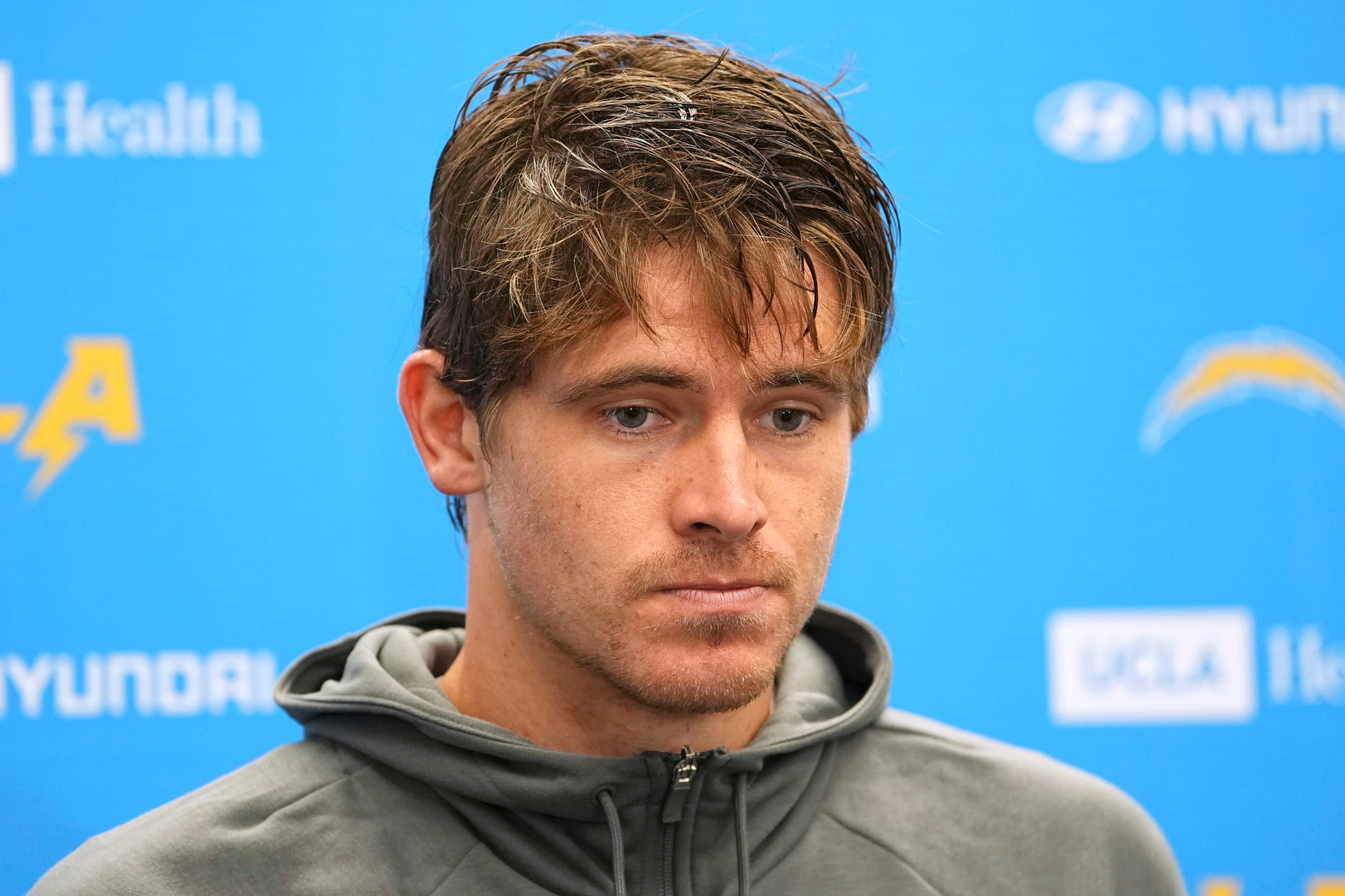 Justin Herbert speaks to the media after the Los Angeles Chargers get off to an 0-3 start in the 2026 NFL season.