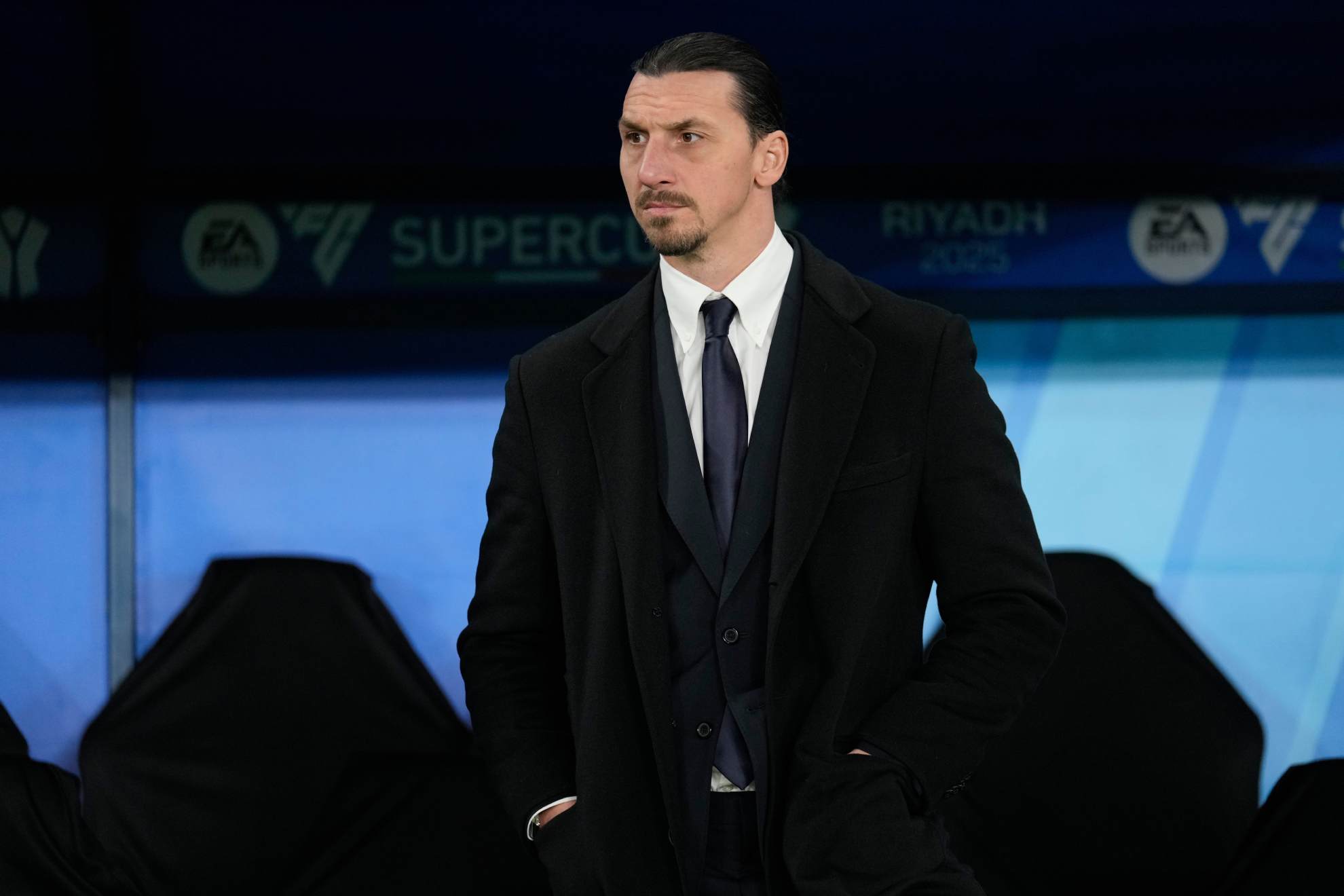 Former soccer star Zlatan Ibrahimovic stands before the Italian Super Cup semifinal Altaf Qadri