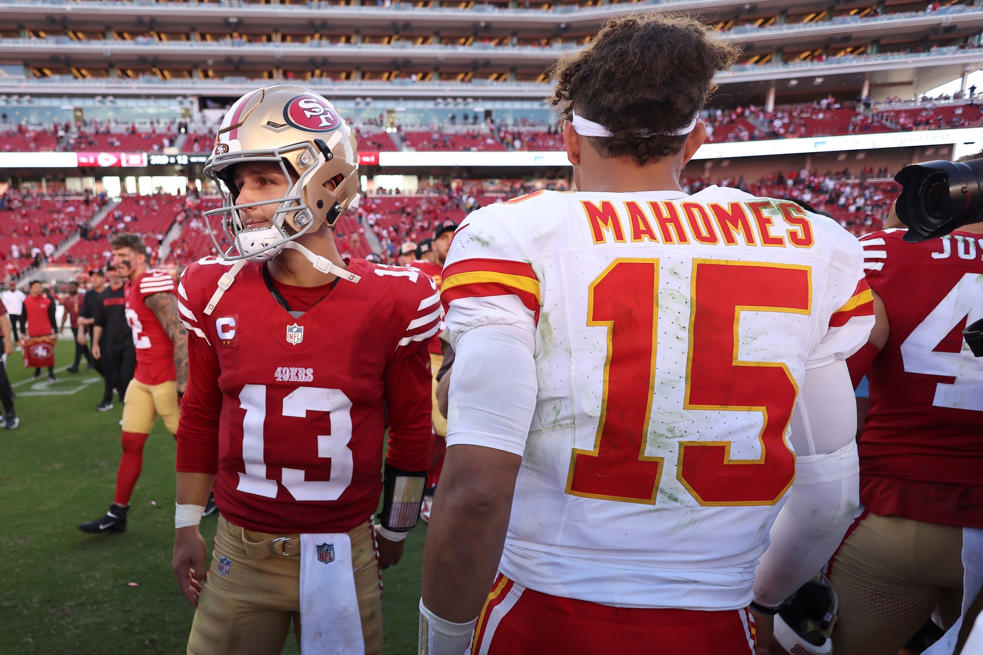 San Francisco 49ers quarterback Brock Purdy (13) walks after greeting Kansas City Chiefs quarterback Patrick Mahomes (15)