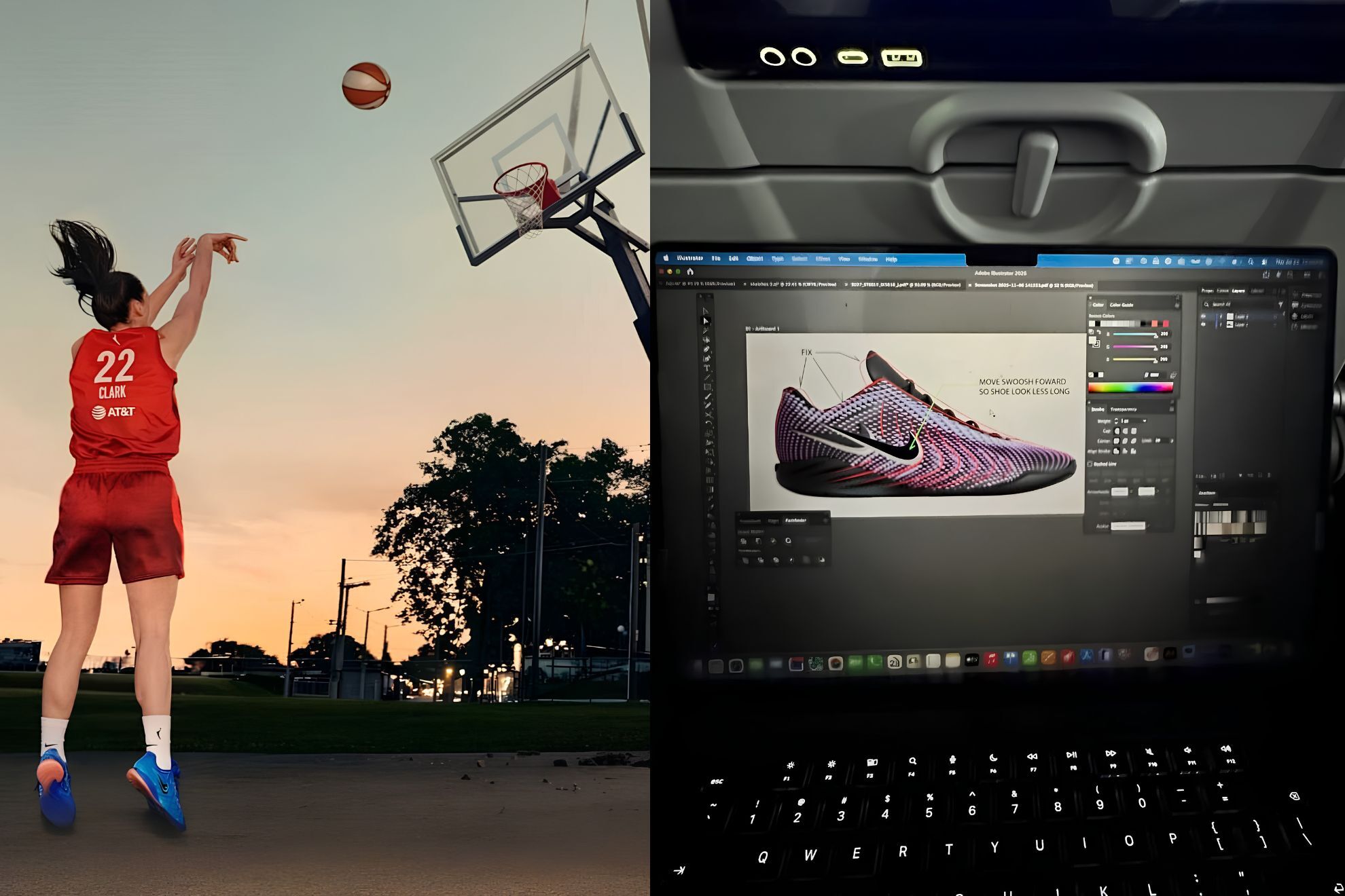 Caitlin Clark shoots at a hoop suspended from a crane / A laptop used to design the Nike Caitlin 1