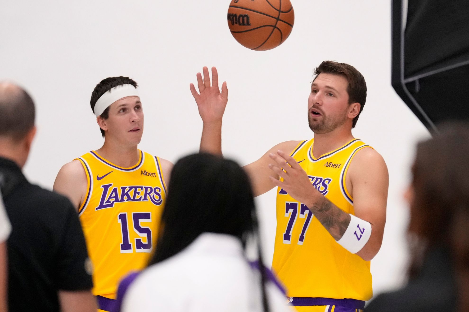 Los Angeles Lakers guard Austin Reaves, second from left, and guard Luka Doncic