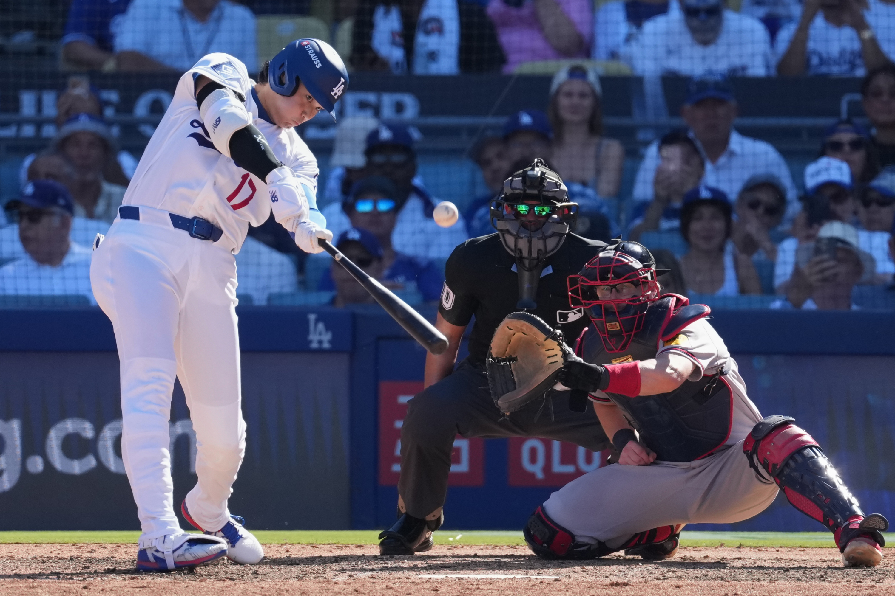 Los Angeles Dodgers' Shohei Ohtani (17) flies out while batting during the seventh inning of Game 1 of a National League Division Series baseball game against the Atlanta Braves Saturday, Oct. 3, 2026, in Los Angeles. (AP Photo/Jae C. Hong) Jae C. Hong