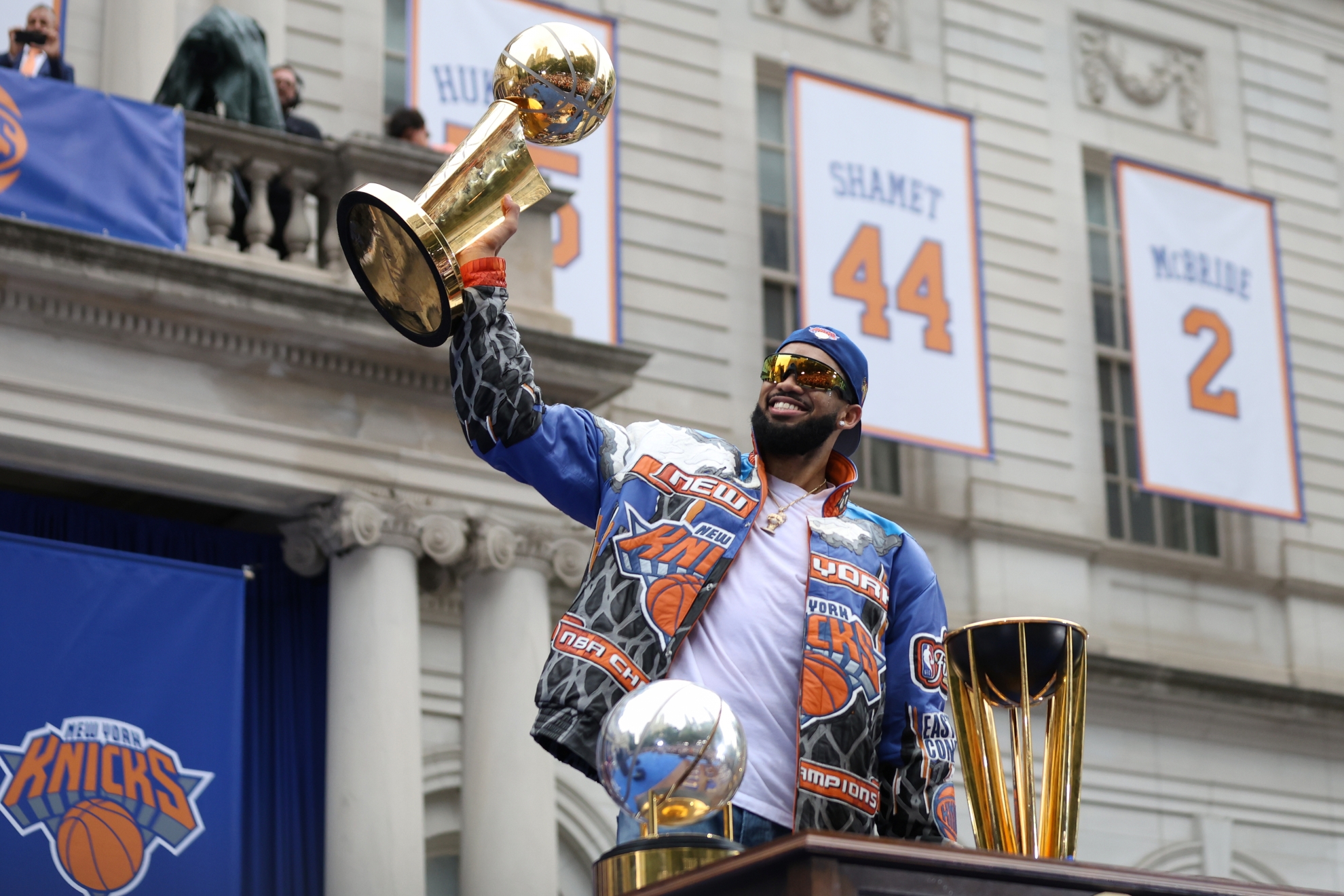 New York Knicks center Karl-Anthony Towns celebrates during the New York Knicks' NBA championship parade