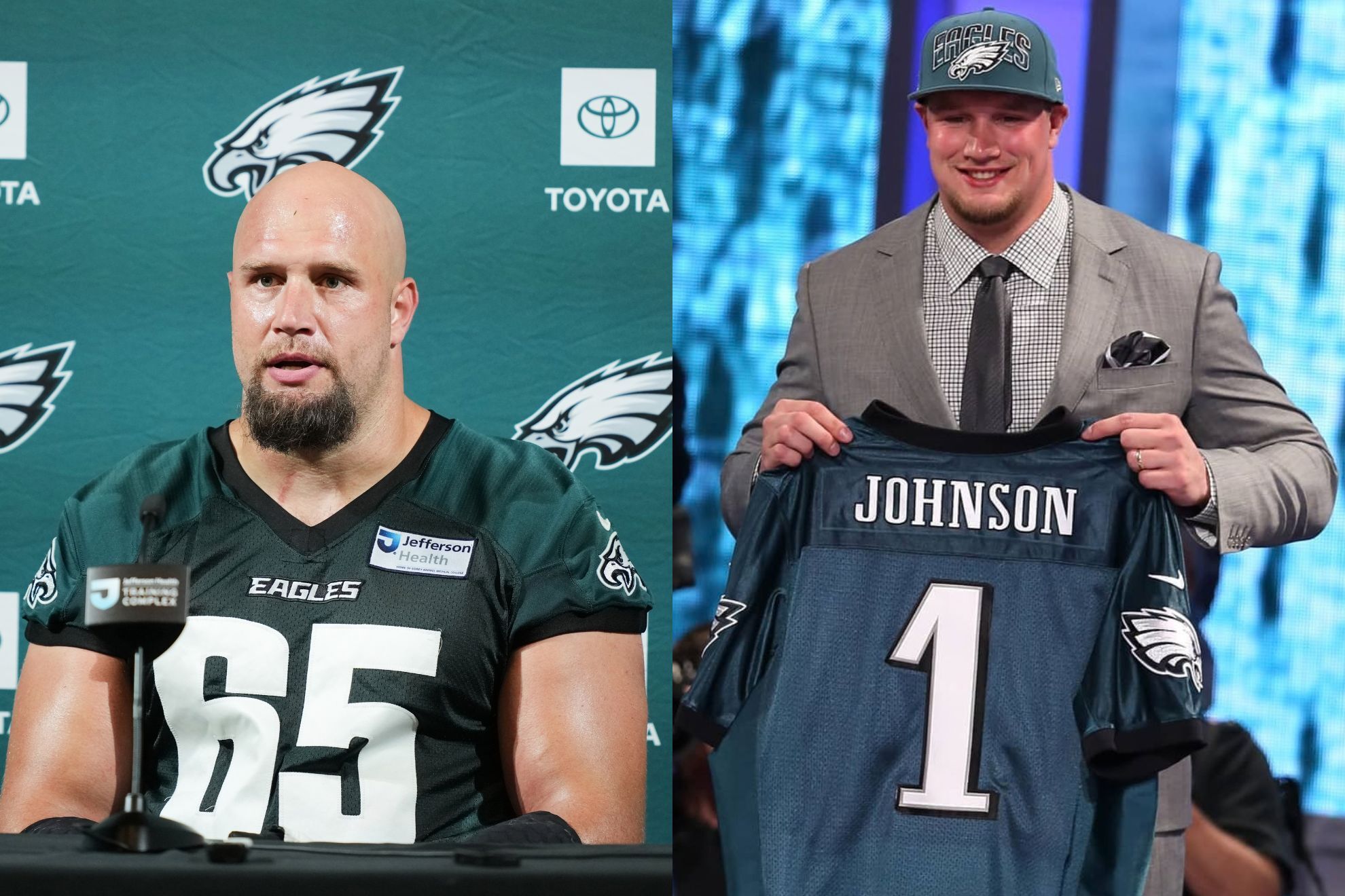 Lane Johnson stares into the distance during a press conference / Lane Johnson smiles while holding an Eagles jersey