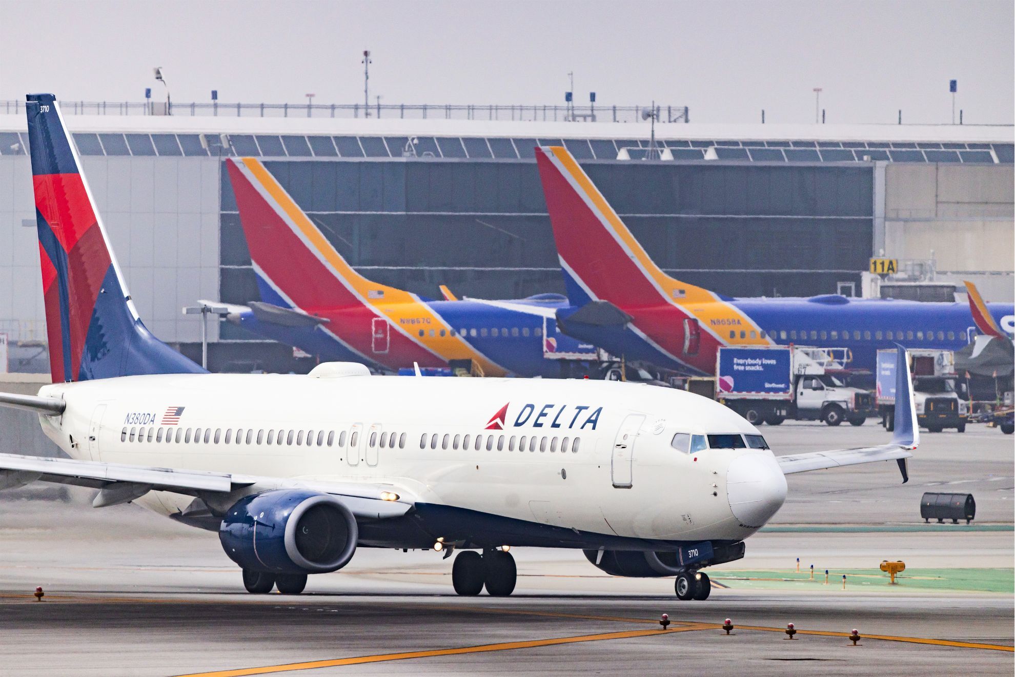 A Delta Airlines planes is on the tarmac at Los Angeles International Airport