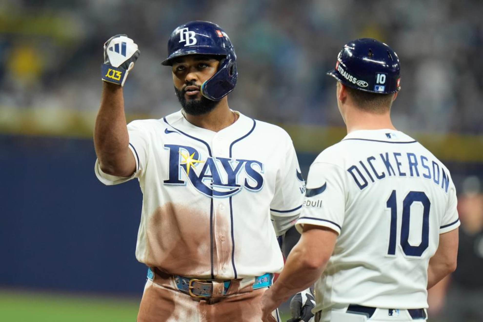 Tampa Bay Rays' Junior Caminero scores during the fifth inning in Game 2 of an American League Division Series baseball game against the New York Yankees Phelan Ebenhack
