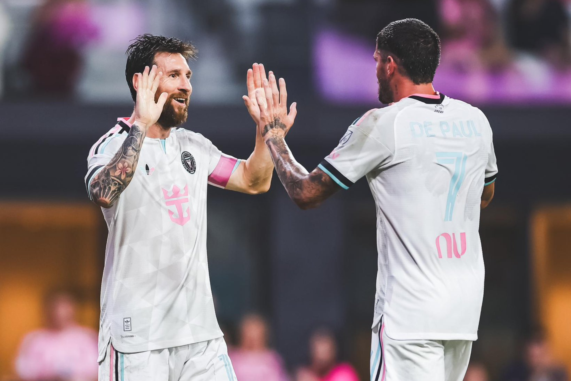 Lionel Messi and Rodrigo De Paul celebrate after an Inter Miami goal against NYCFC. X / Inter Miami CF